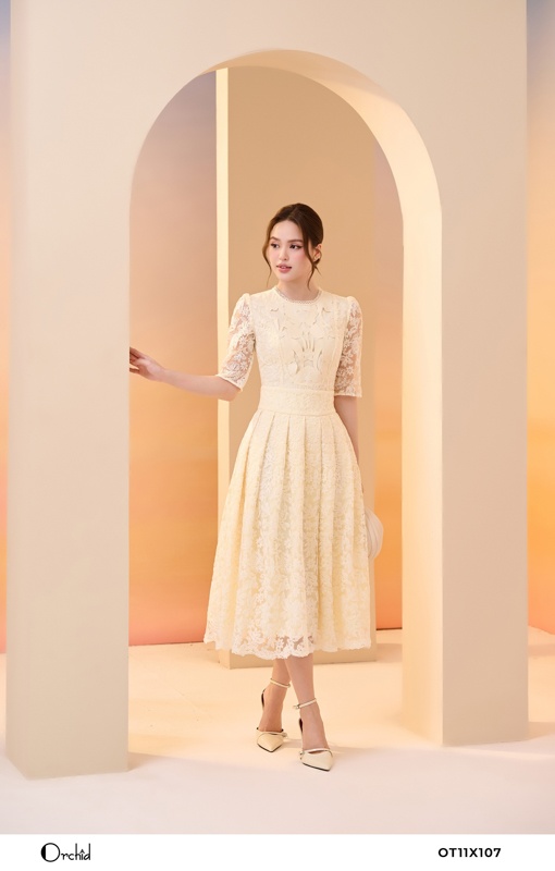 OT11X107 - Đầm ren lưới thêu hoa 3D