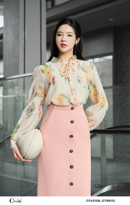 OT4S108 - Áo tơ dập vân sóng họa tiết