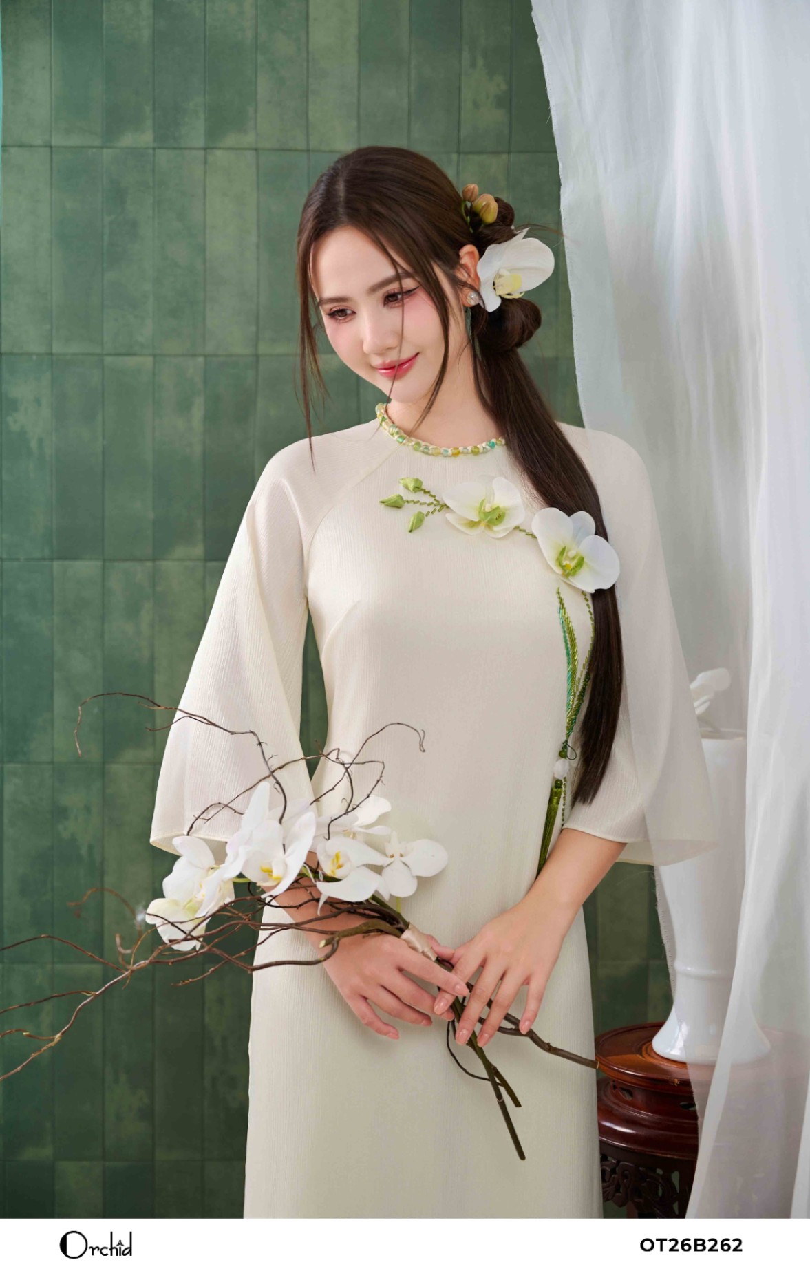 OT26B262 - Sét bộ áo dài lụa ánh nhũ