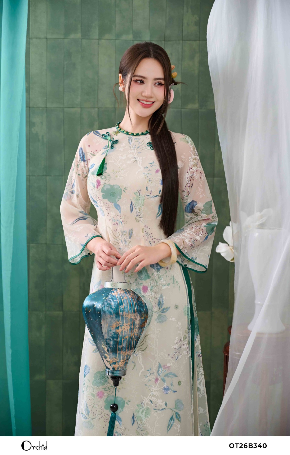 OT26B340 - Sét bộ áo dài tơ in hoa xanh 3D