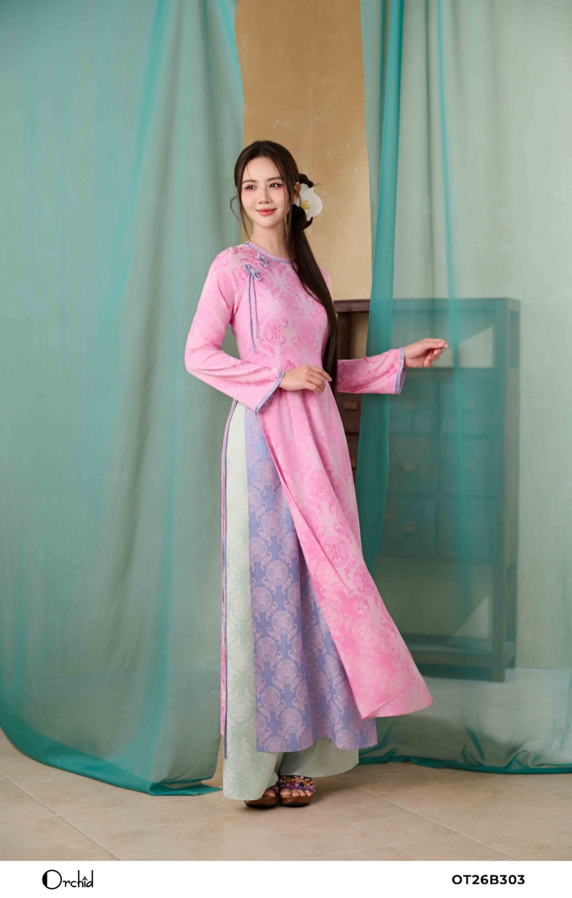 OT26B303 - Sét bộ áo dài lụa gấm họa tiết chữ thọ