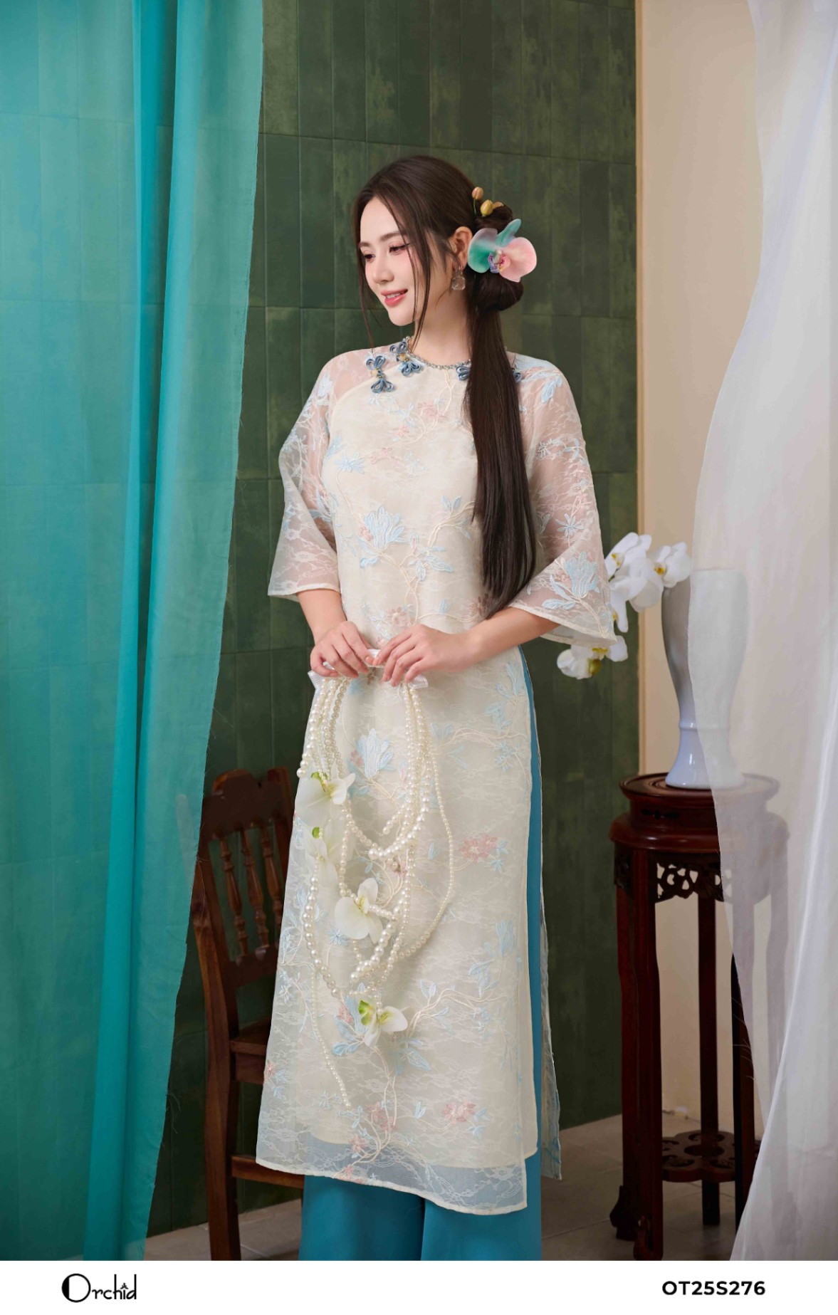 OT25S276 - Sét bộ áo dài tơ lưới thêu hoa 3D