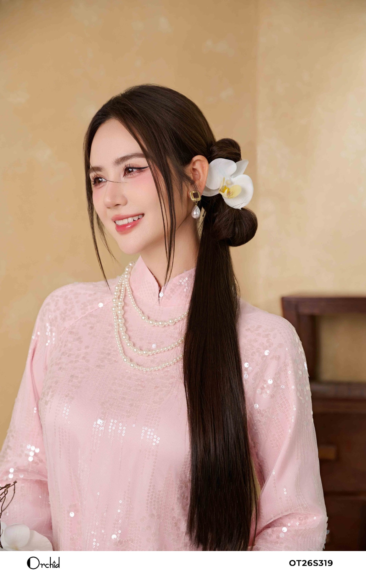 OT26S319 - Sét bộ áo dài ren lưới kim sa