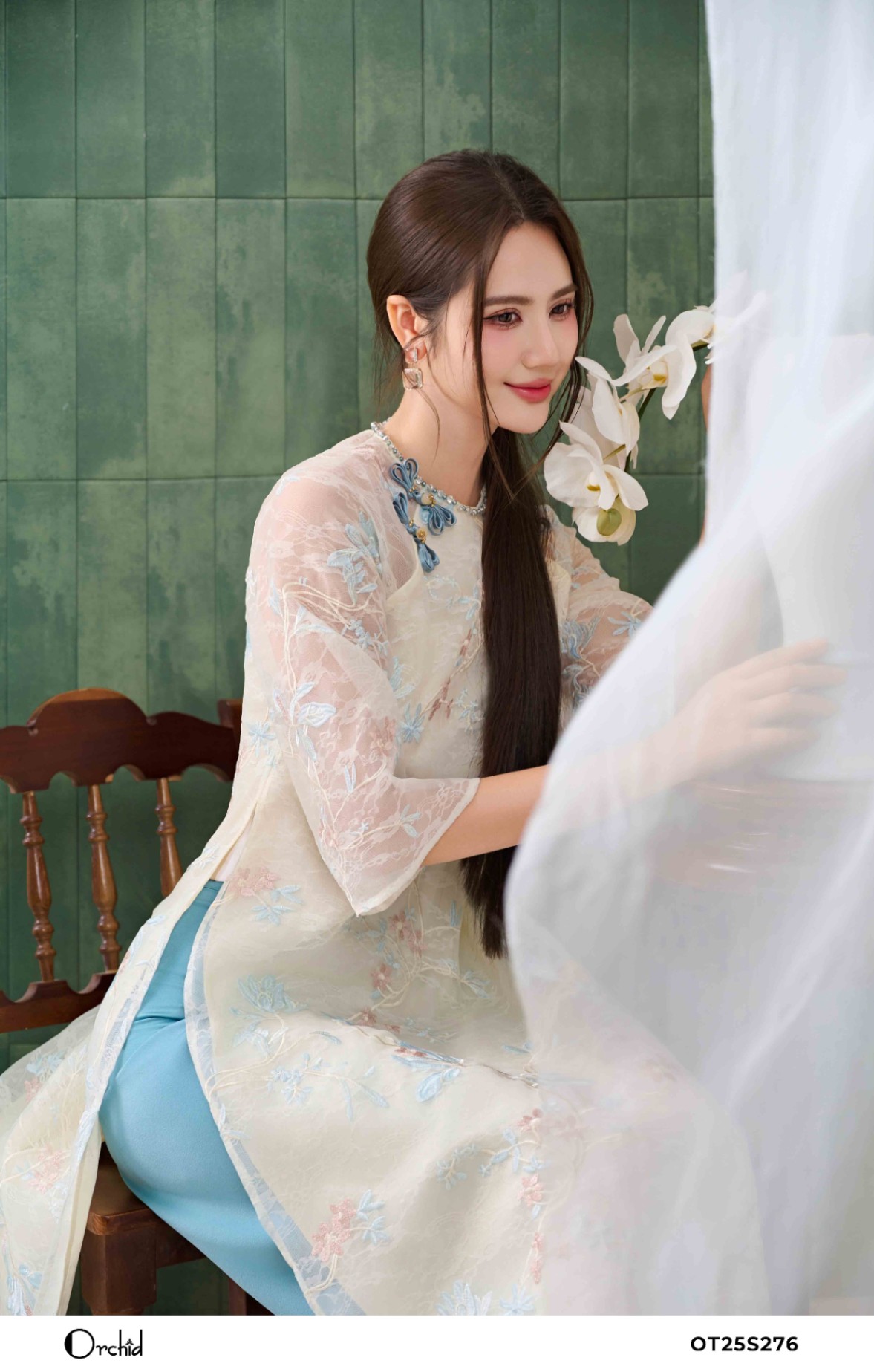 OT25S276 - Sét bộ áo dài tơ lưới thêu hoa 3D