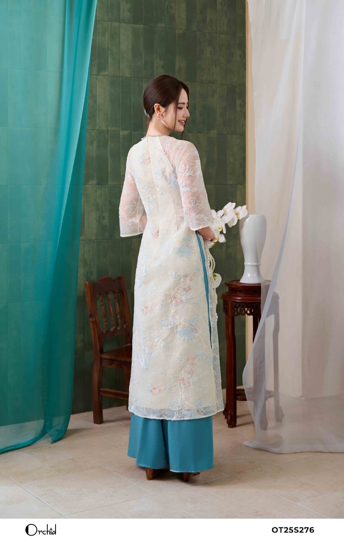 OT25S276 - Sét bộ áo dài tơ lưới thêu hoa 3D