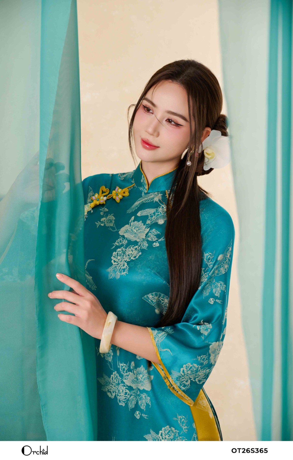 OT26S365 - Sét bộ áo dài lụa gấm hoa nổi