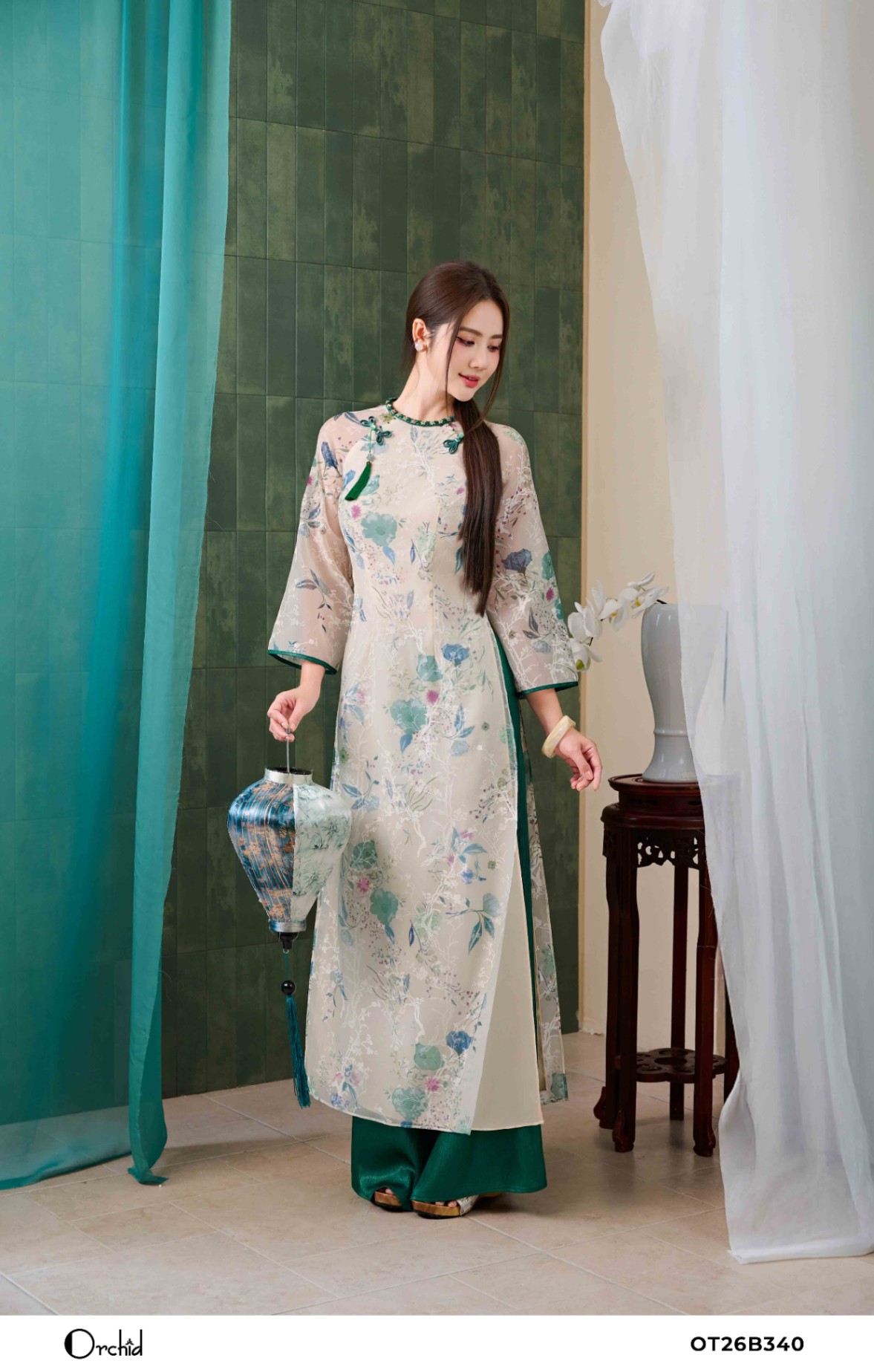 OT26B340 - Sét bộ áo dài tơ in hoa xanh 3D