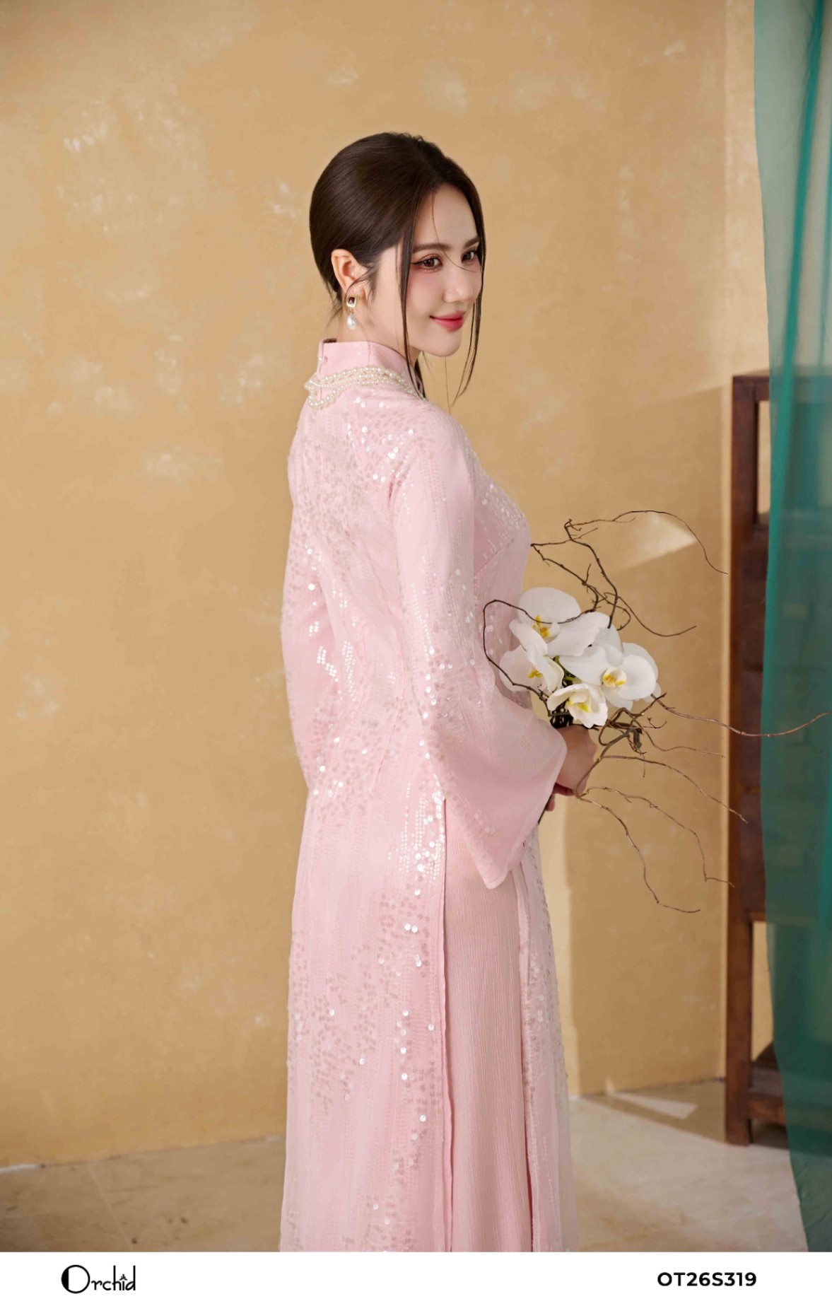 OT26S319 - Sét bộ áo dài ren lưới kim sa