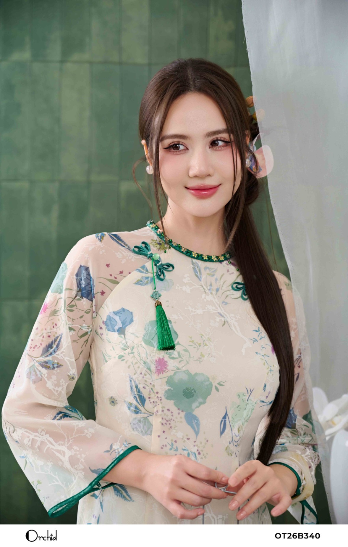 OT26B340 - Sét bộ áo dài tơ in hoa xanh 3D