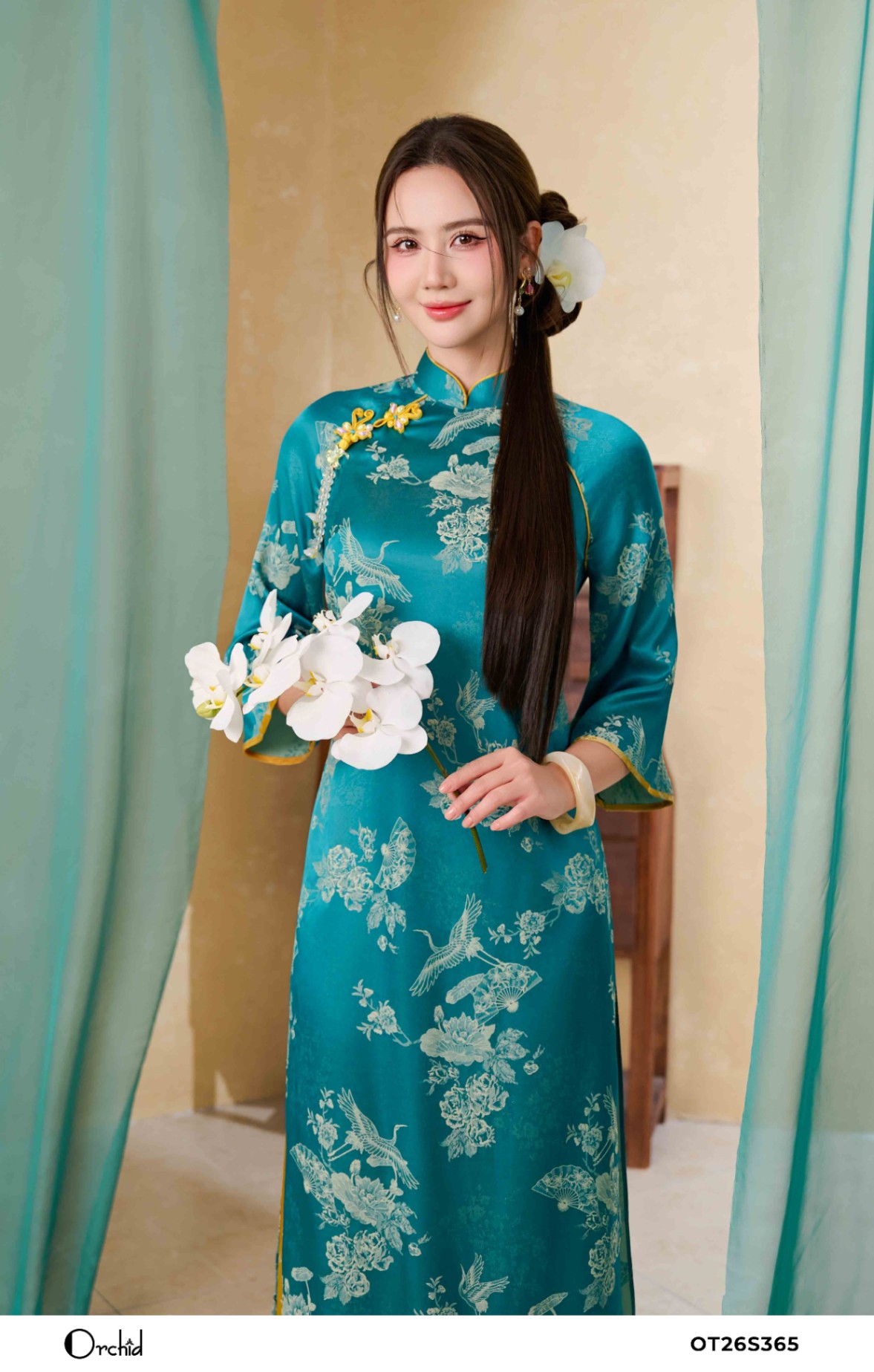 OT26S365 - Sét bộ áo dài lụa gấm hoa nổi