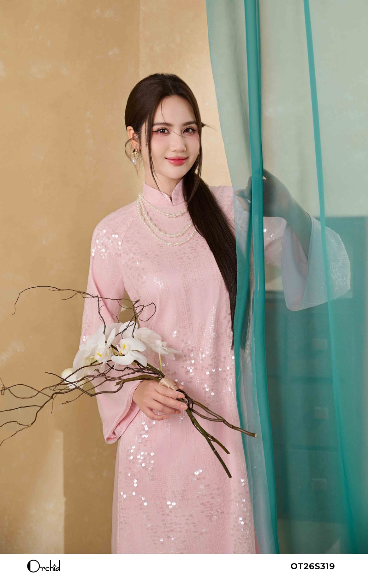 OT26S319 - Sét bộ áo dài ren lưới kim sa