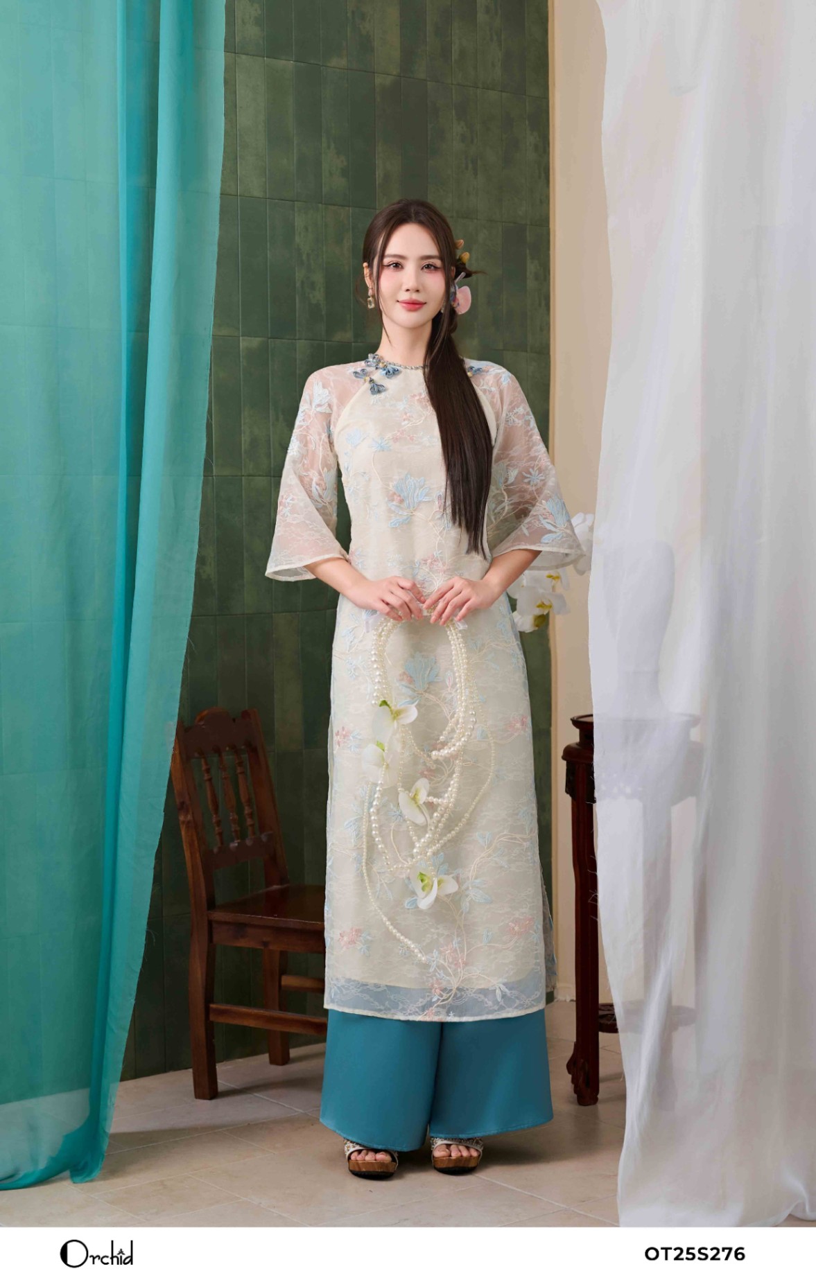 OT25S276 - Sét bộ áo dài tơ lưới thêu hoa 3D