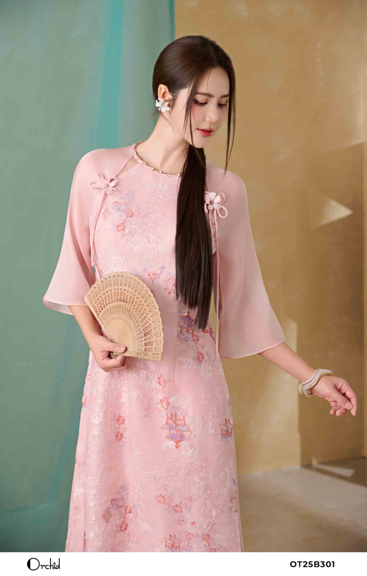 OT25B301 - Sét bộ áo dài tơ Organza thêu hoa 3D