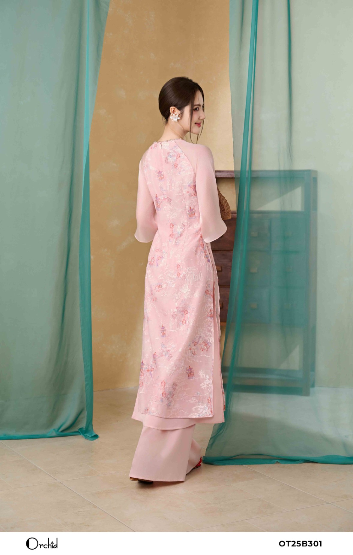 OT25B301 - Sét bộ áo dài tơ Organza thêu hoa 3D