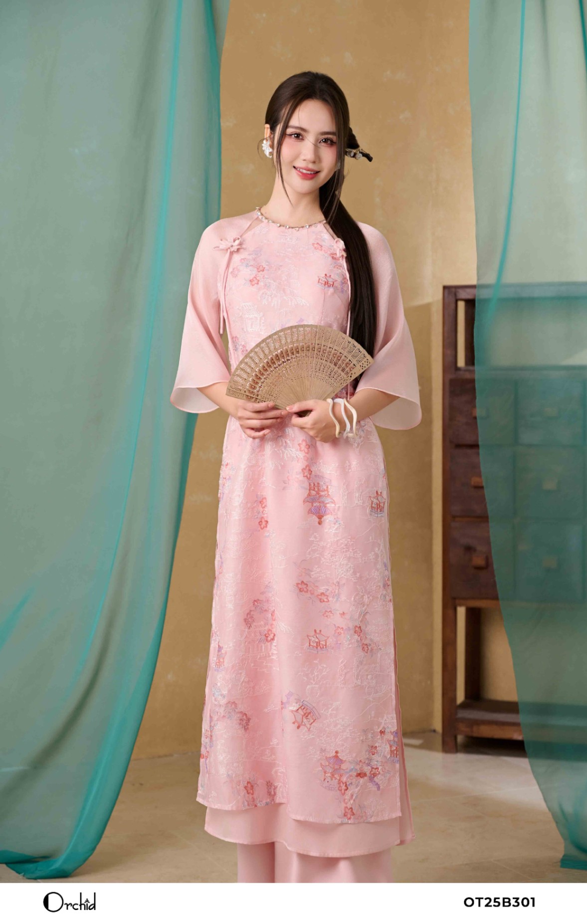 OT25B301 - Sét bộ áo dài tơ Organza thêu hoa 3D