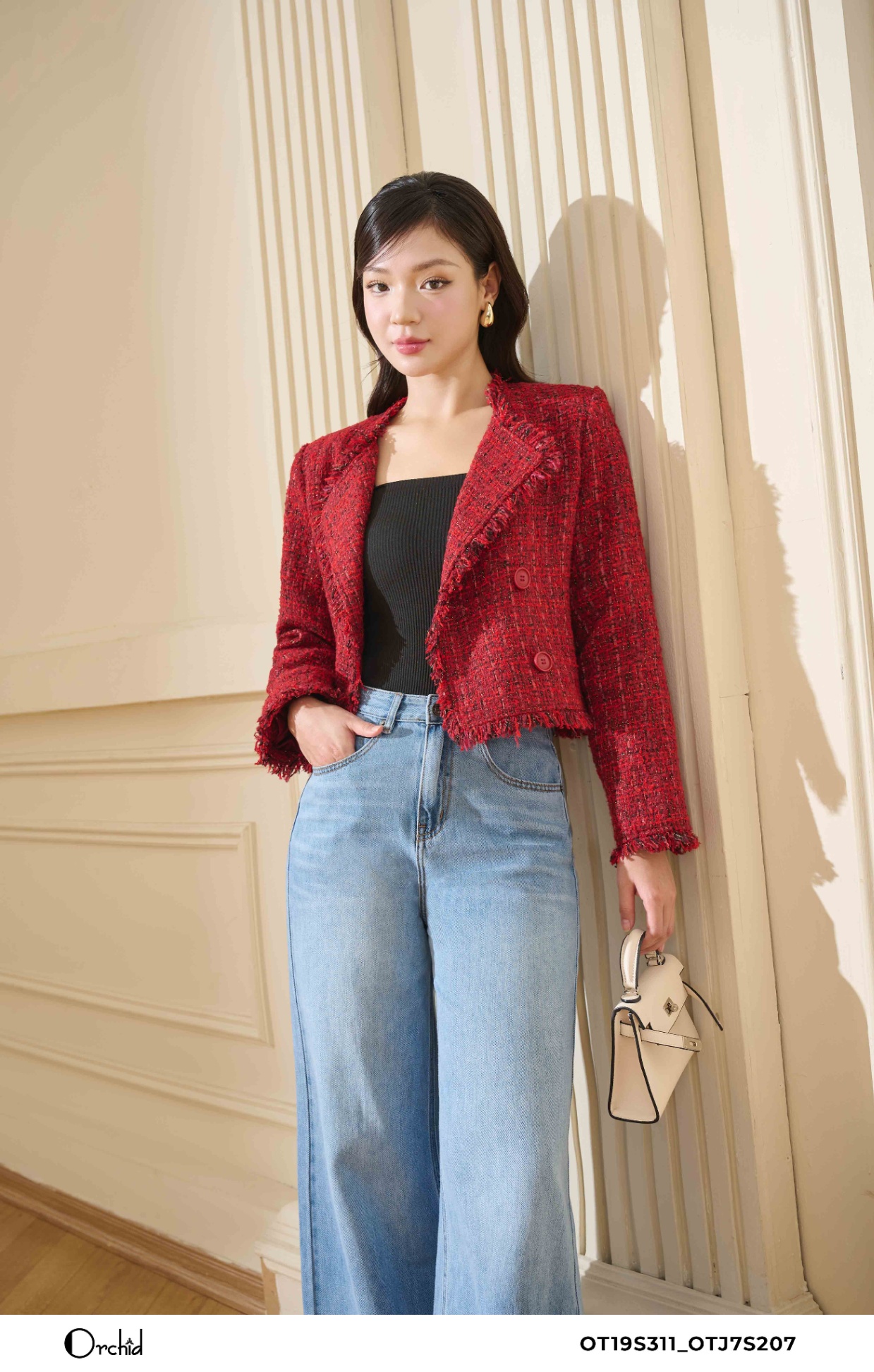 OT19S311 - Áo khoác dạ tweed kẻ kim tuyến