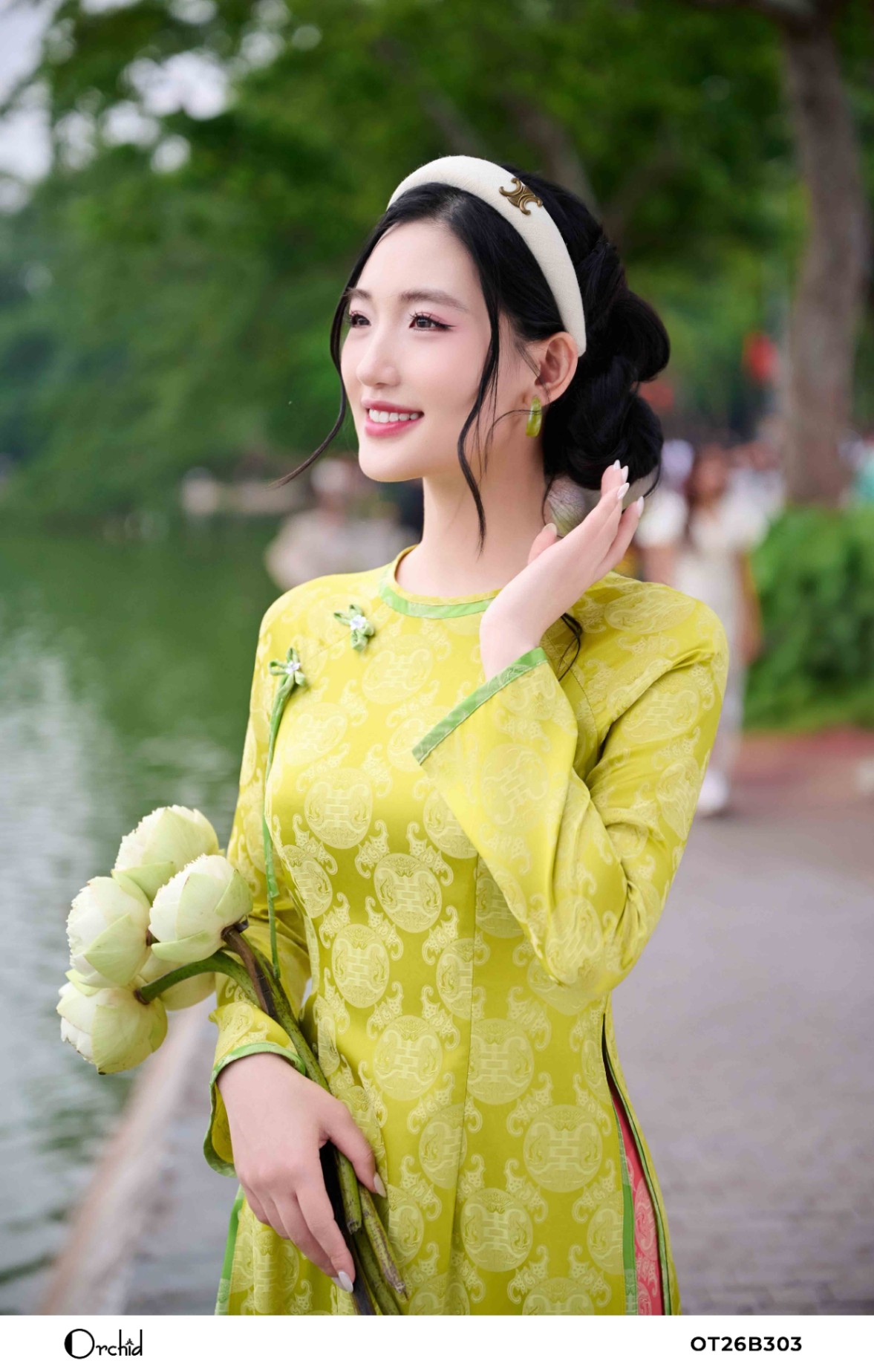 OT26B303 - Sét bộ áo dài lụa gấm họa tiết chữ thọ