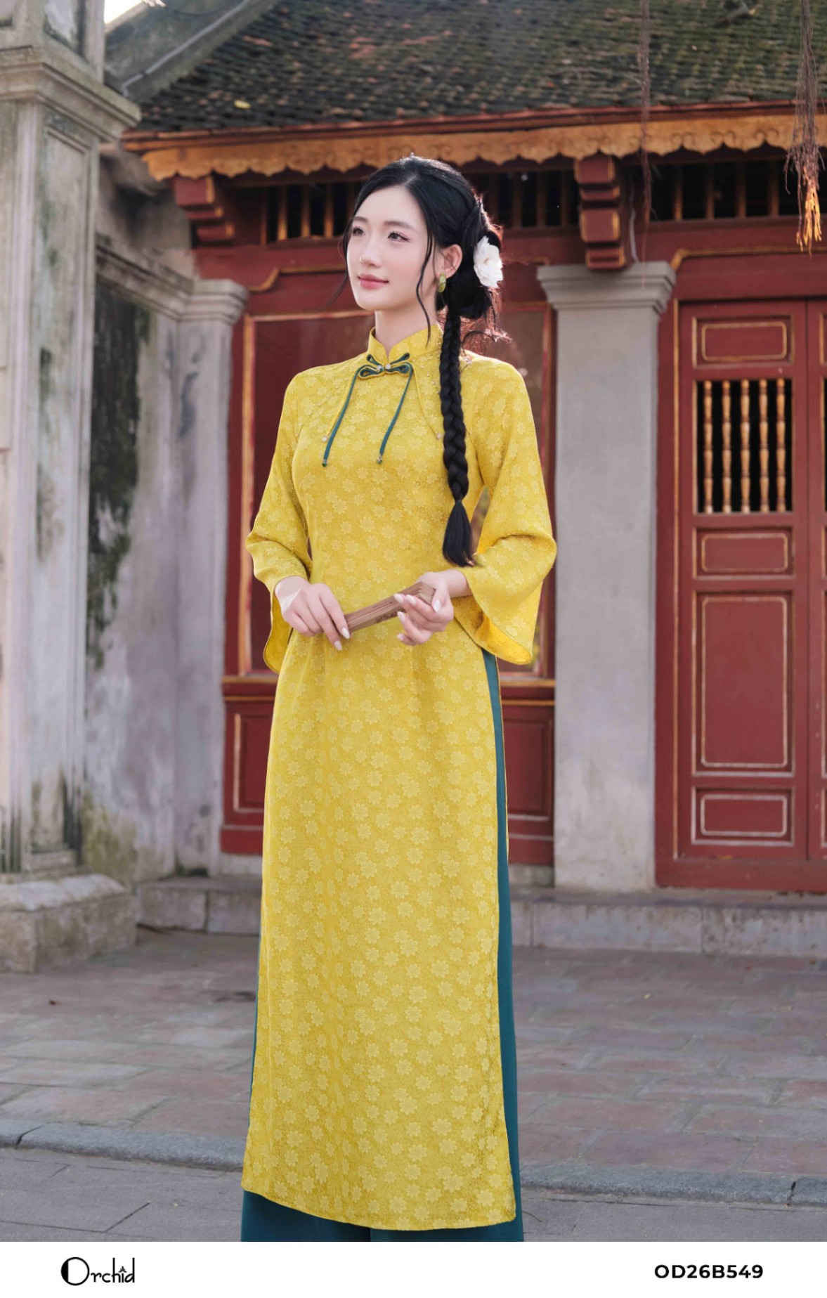 OD26B549 - Sét bộ áo dài lụa gấm hoa cúc
