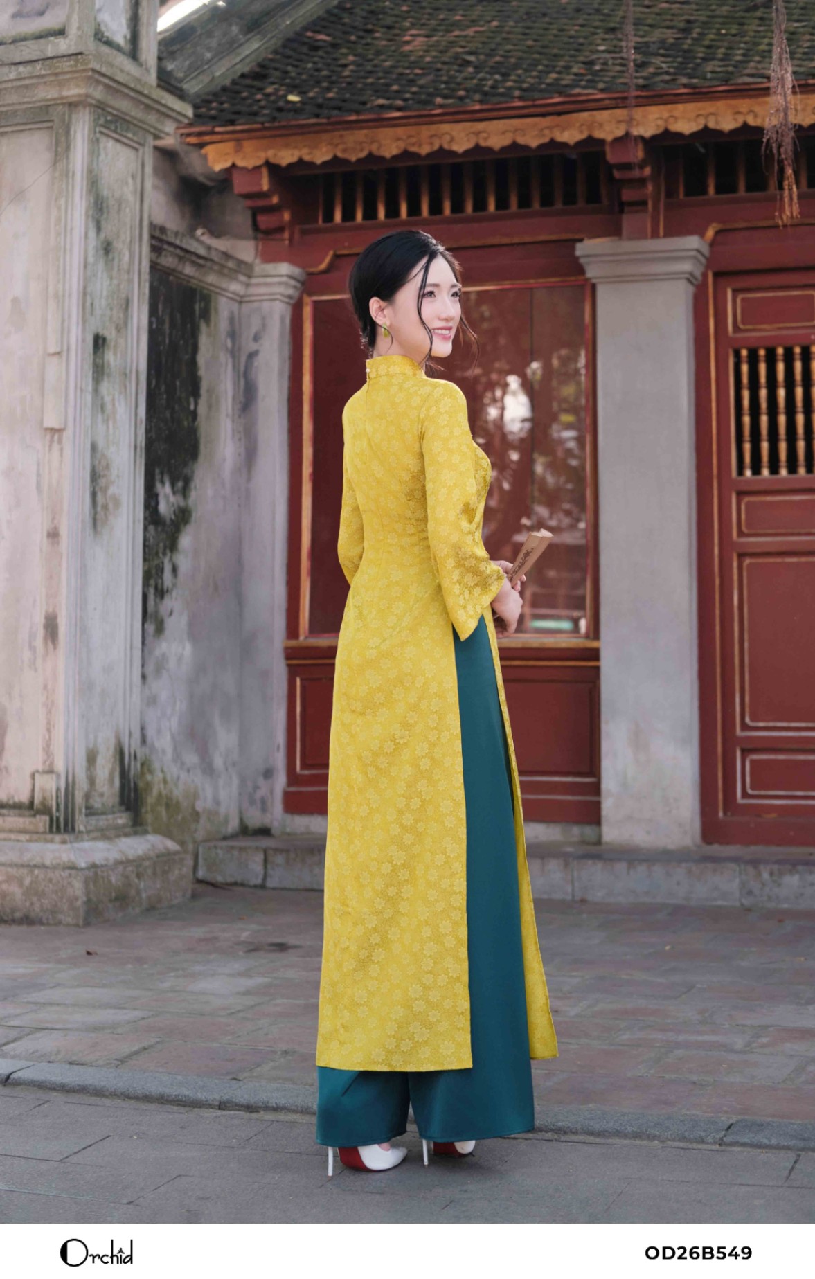 OD26B549 - Sét bộ áo dài lụa gấm hoa cúc