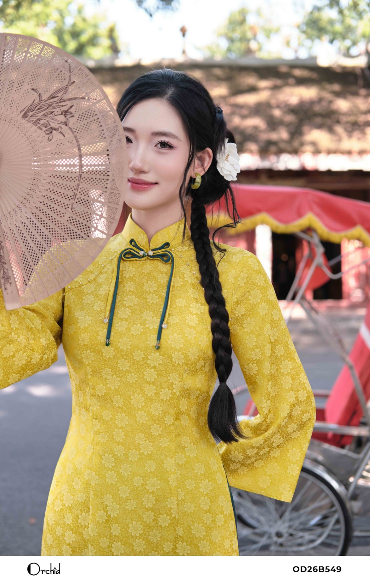 OD26B549 - Sét bộ áo dài lụa gấm hoa cúc