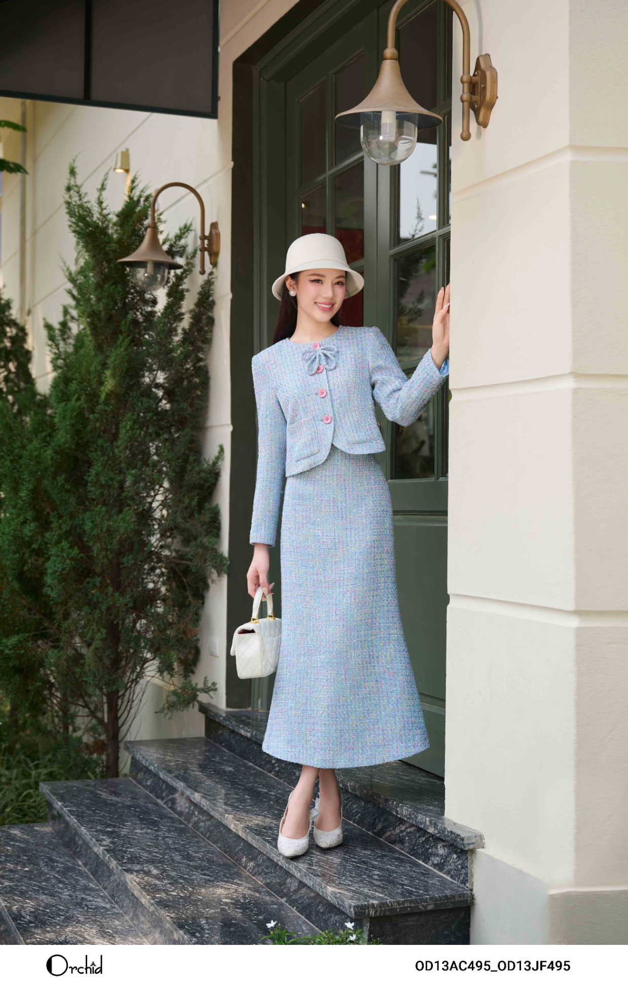 OD13AC495 - Bộ dạ tweed kẻ kim tuyến
