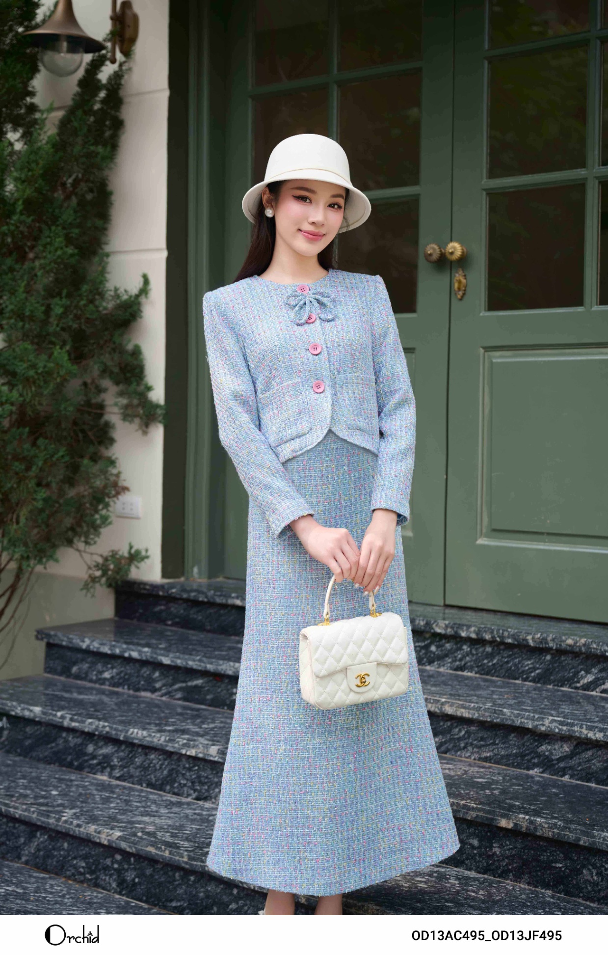 OD13AC495 - Bộ dạ tweed kẻ kim tuyến