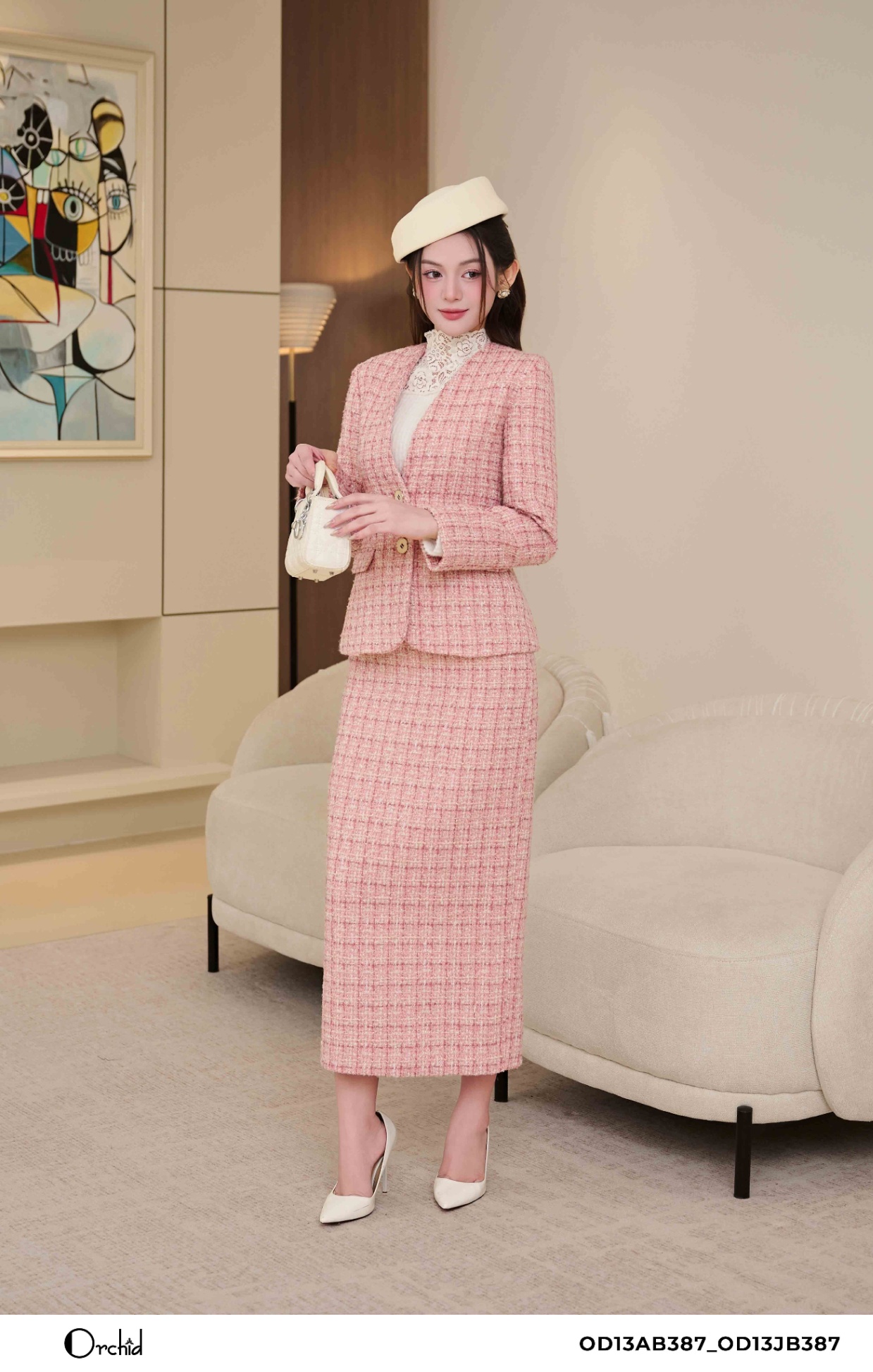 OD13AB387 - Bộ dạ tweed kẻ kim tuyến