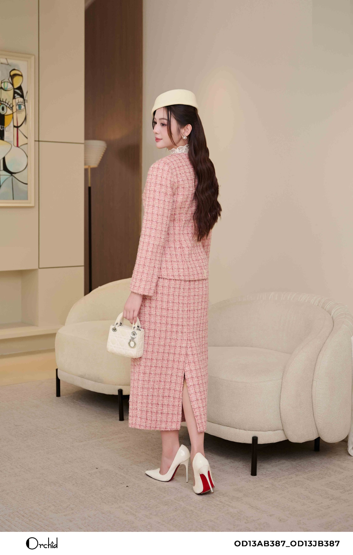 OD13AB387 - Bộ dạ tweed kẻ kim tuyến
