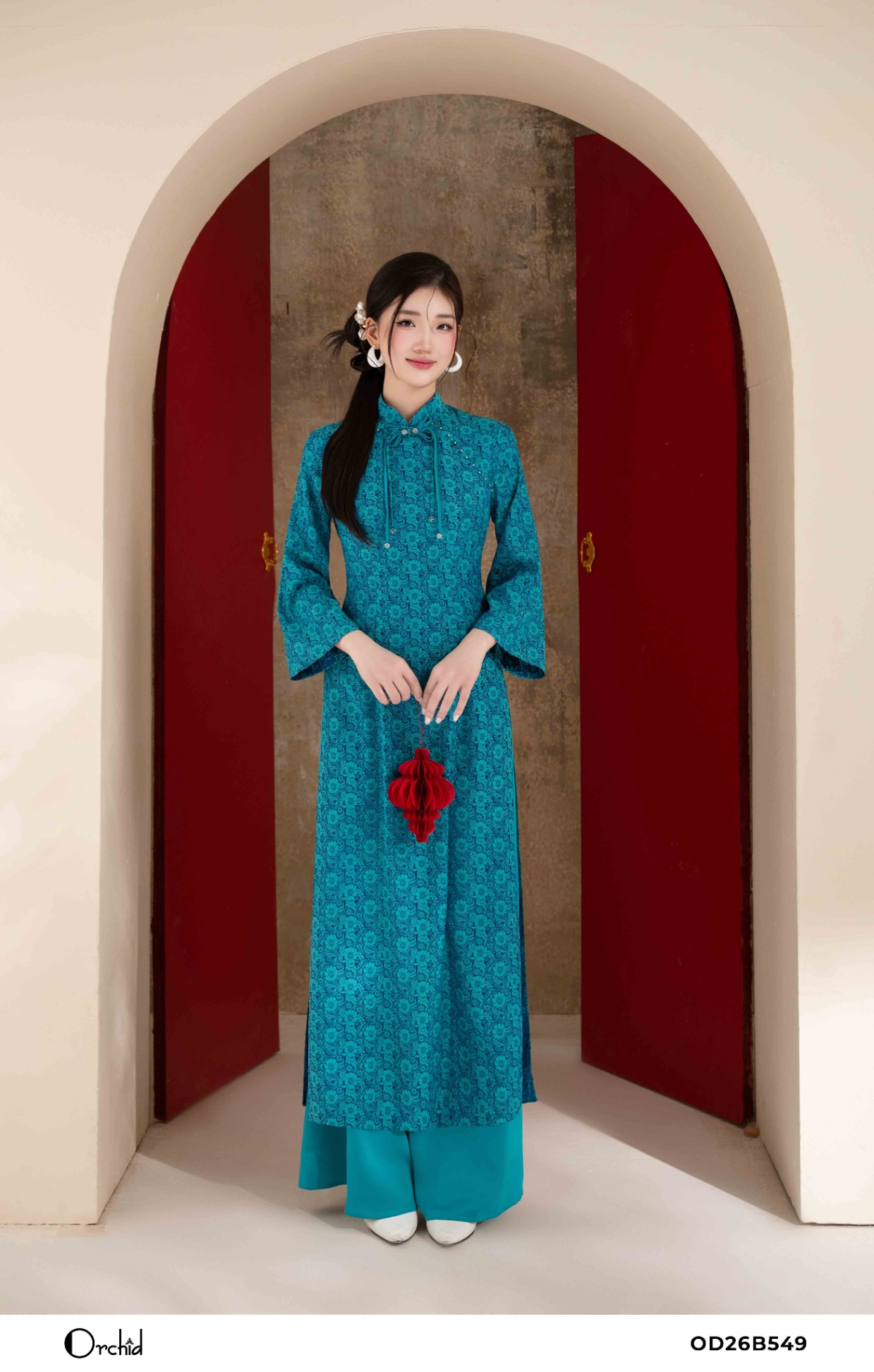 OD26B549 - Sét bộ áo dài lụa gấm hoa cúc