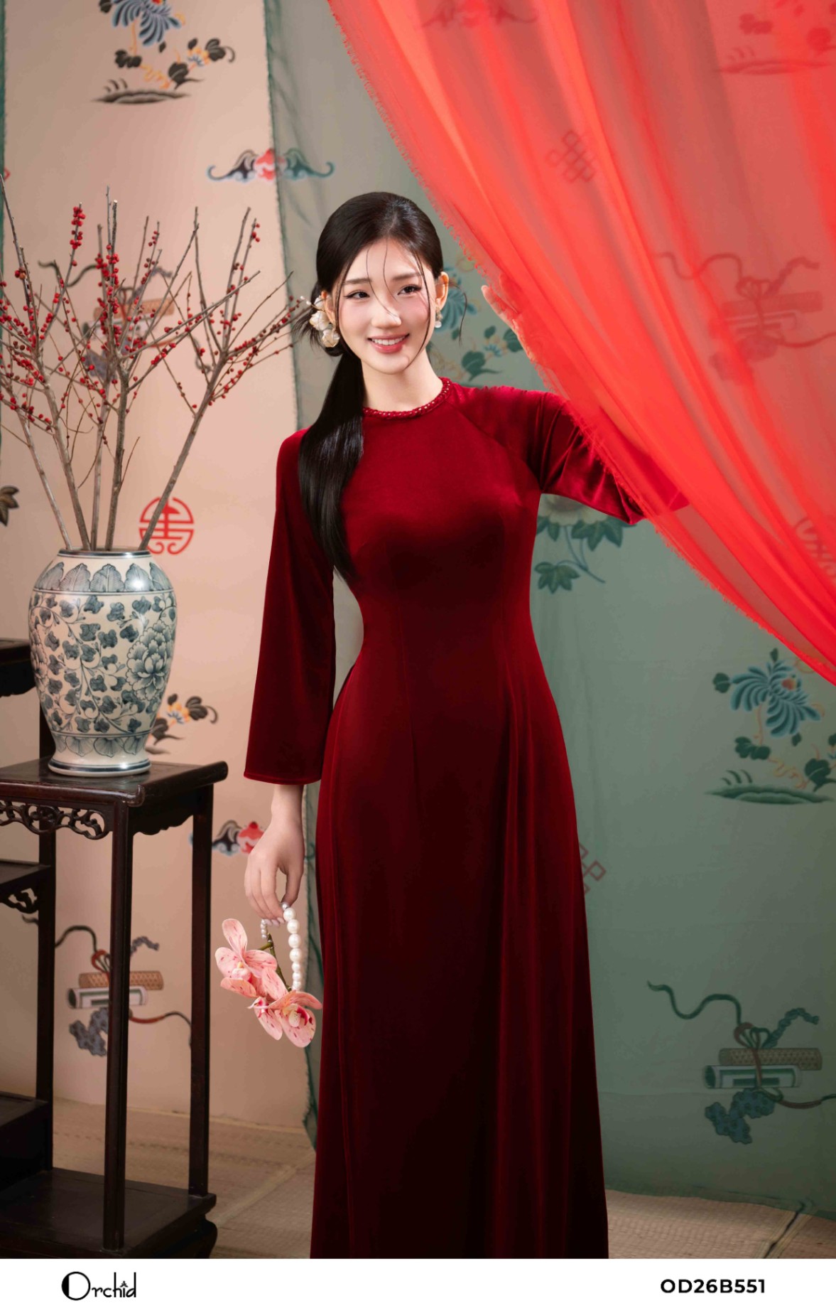 OD26B551 - Sét bộ áo dài nhung the
