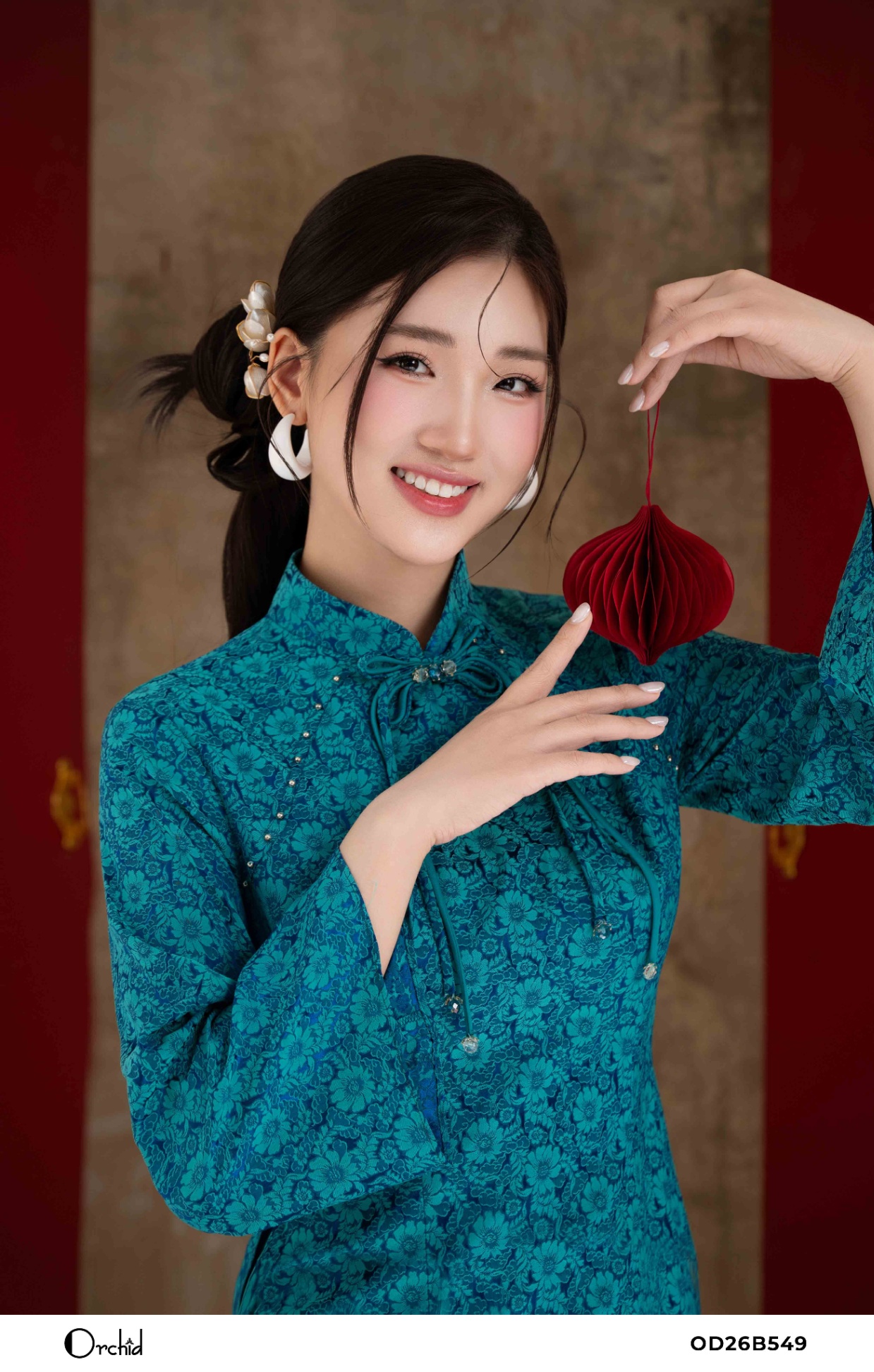 OD26B549 - Sét bộ áo dài lụa gấm hoa cúc