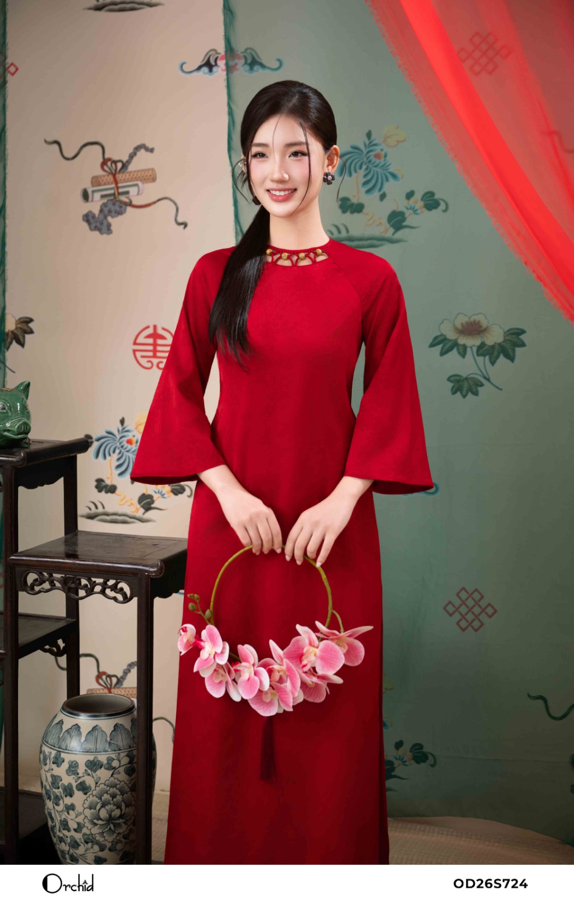 OD26S724 - Sét bộ áo dài lụa gấm vân họa tiết