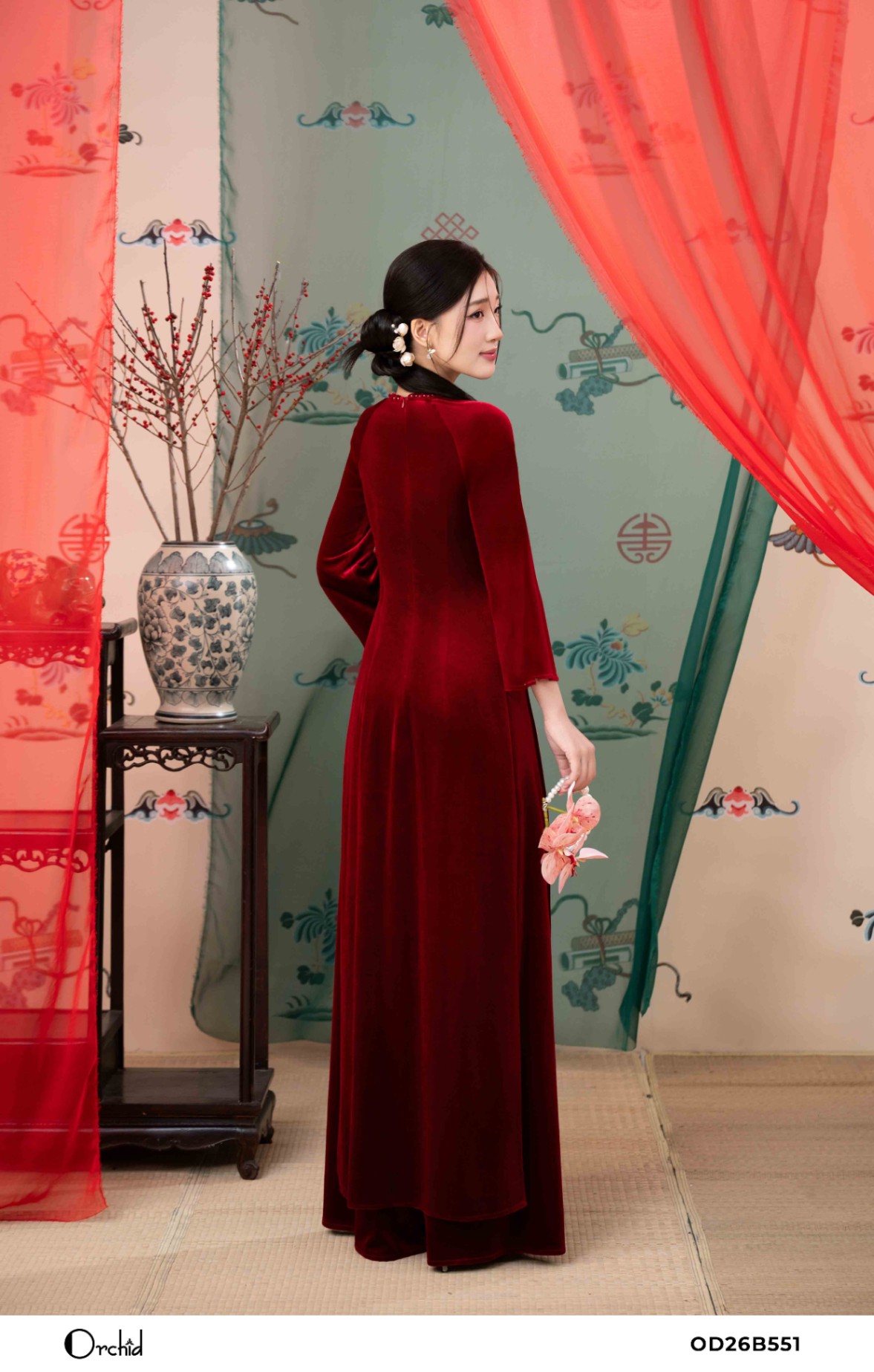 OD26B551 - Sét bộ áo dài nhung the