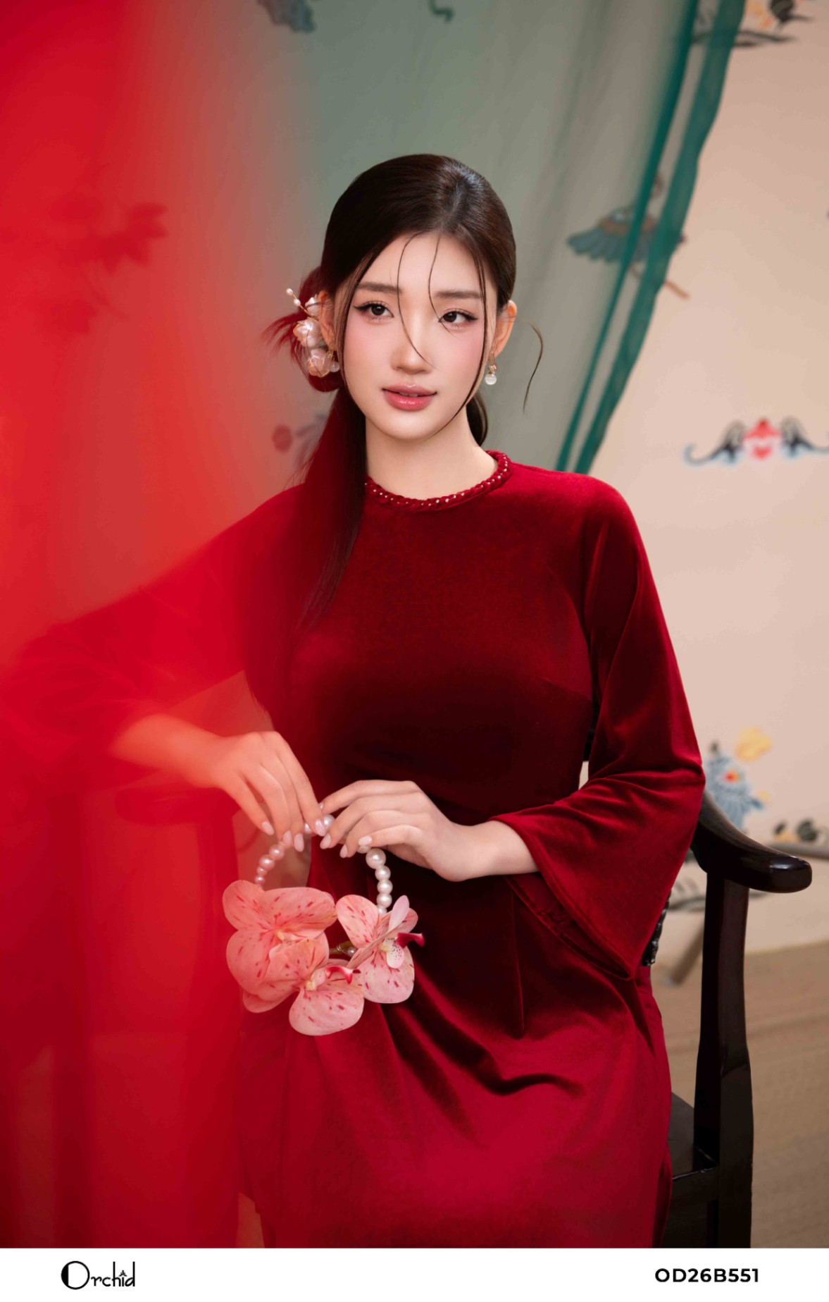 OD26B551 - Sét bộ áo dài nhung the