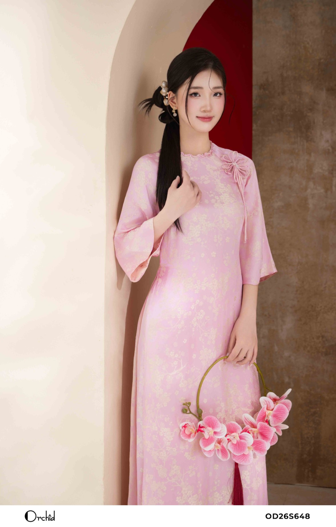OD26S648 - Sét bộ áo dài lụa gấm hoa