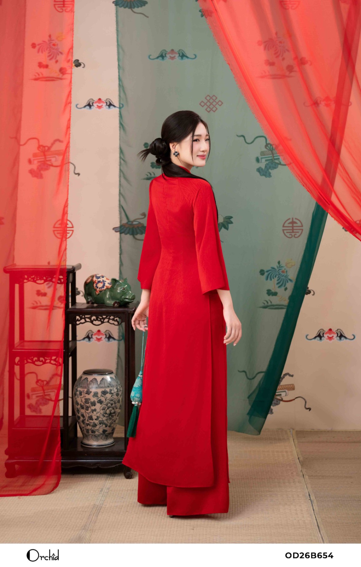 OD26B654 - Sét bộ lụa áo dài dập vân