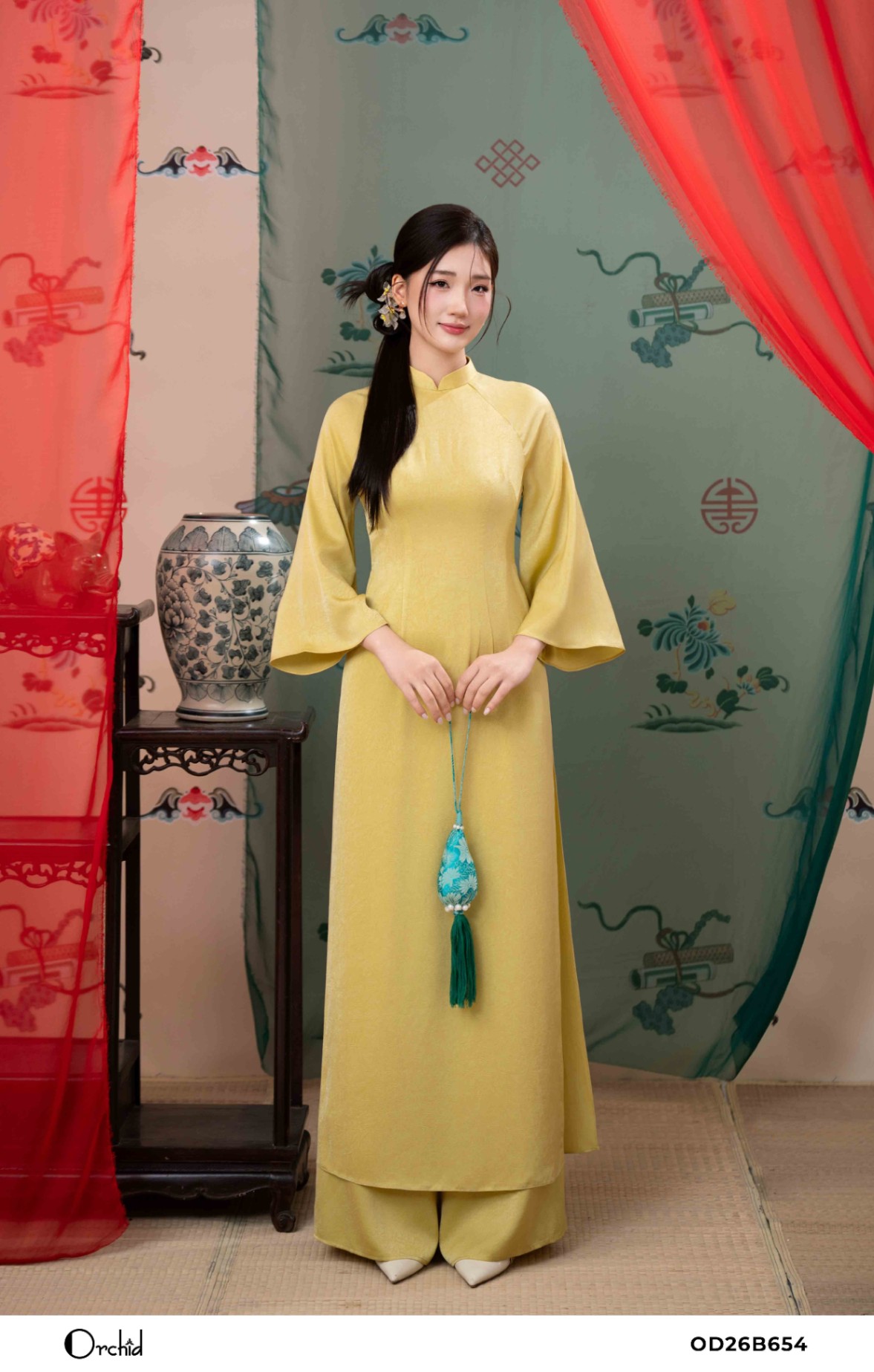 OD26B654 - Sét bộ lụa áo dài dập vân
