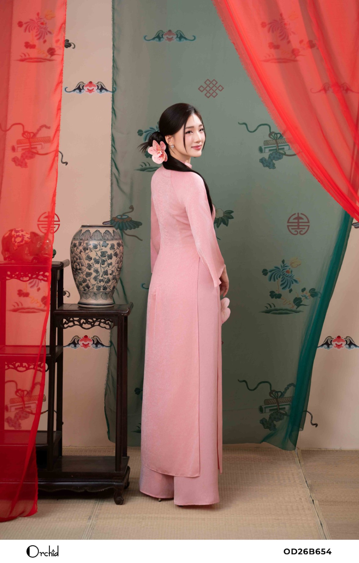 OD26B654 - Sét bộ lụa áo dài dập vân
