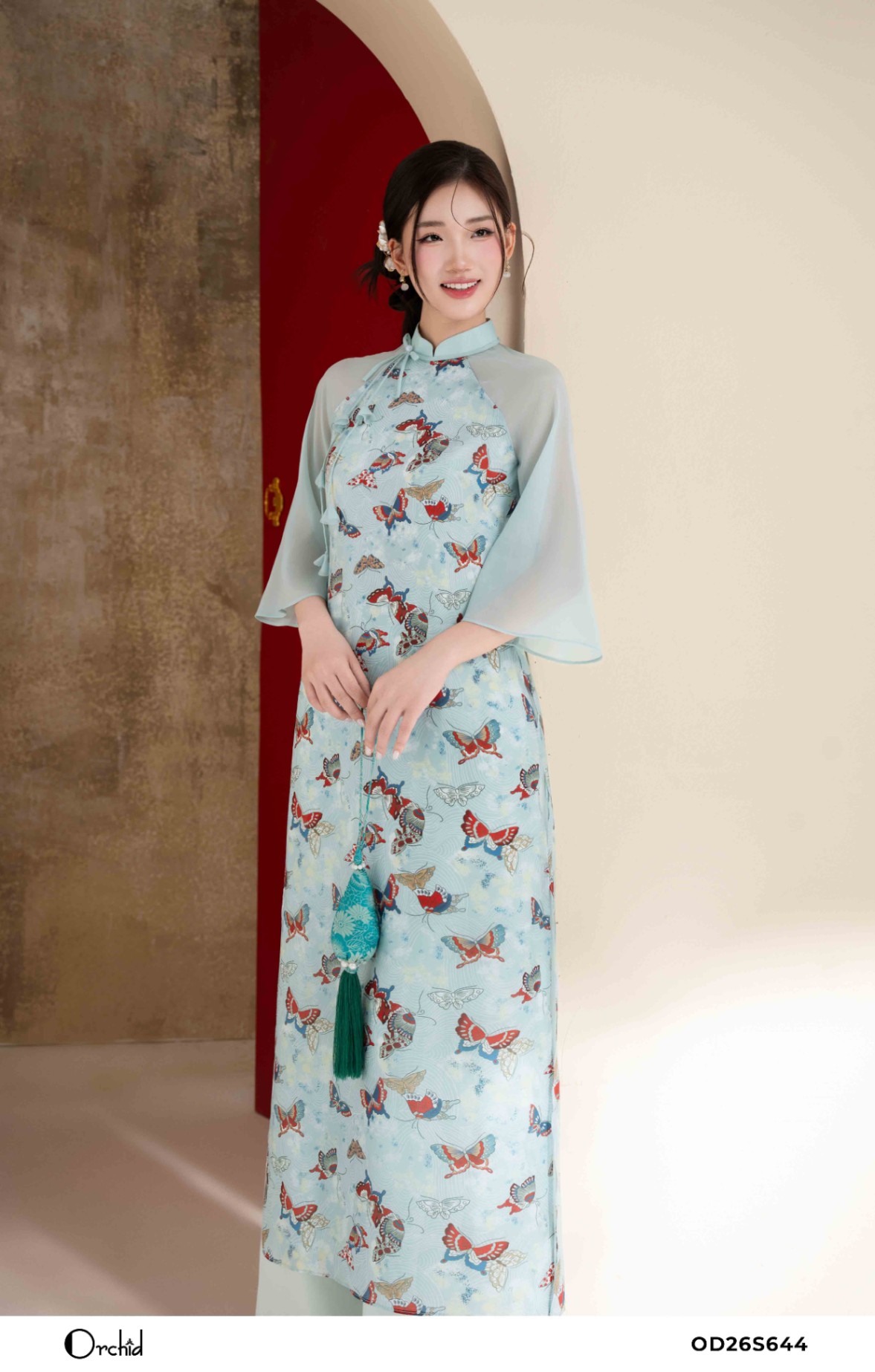 OD26S644 - Sét bộ áo dài tơ in họa tiết