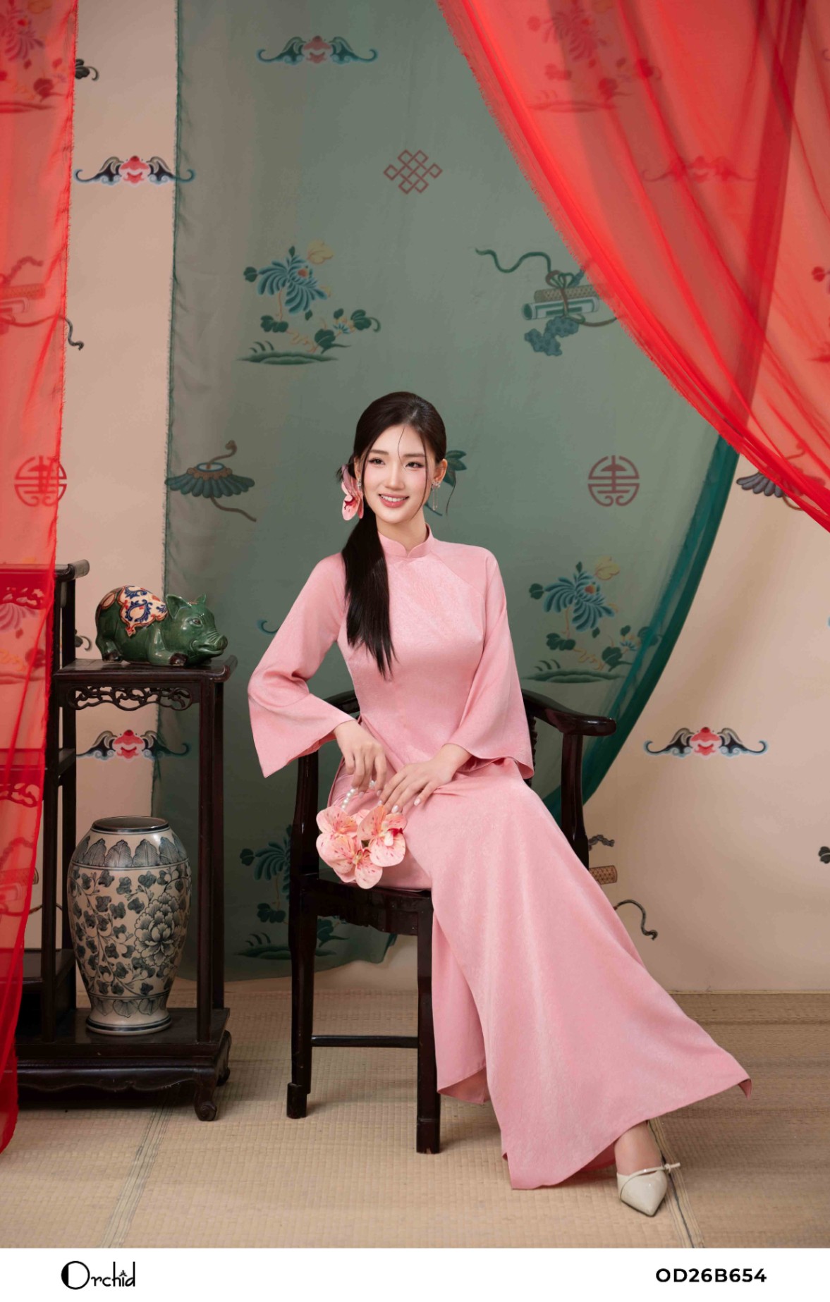 OD26B654 - Sét bộ lụa áo dài dập vân