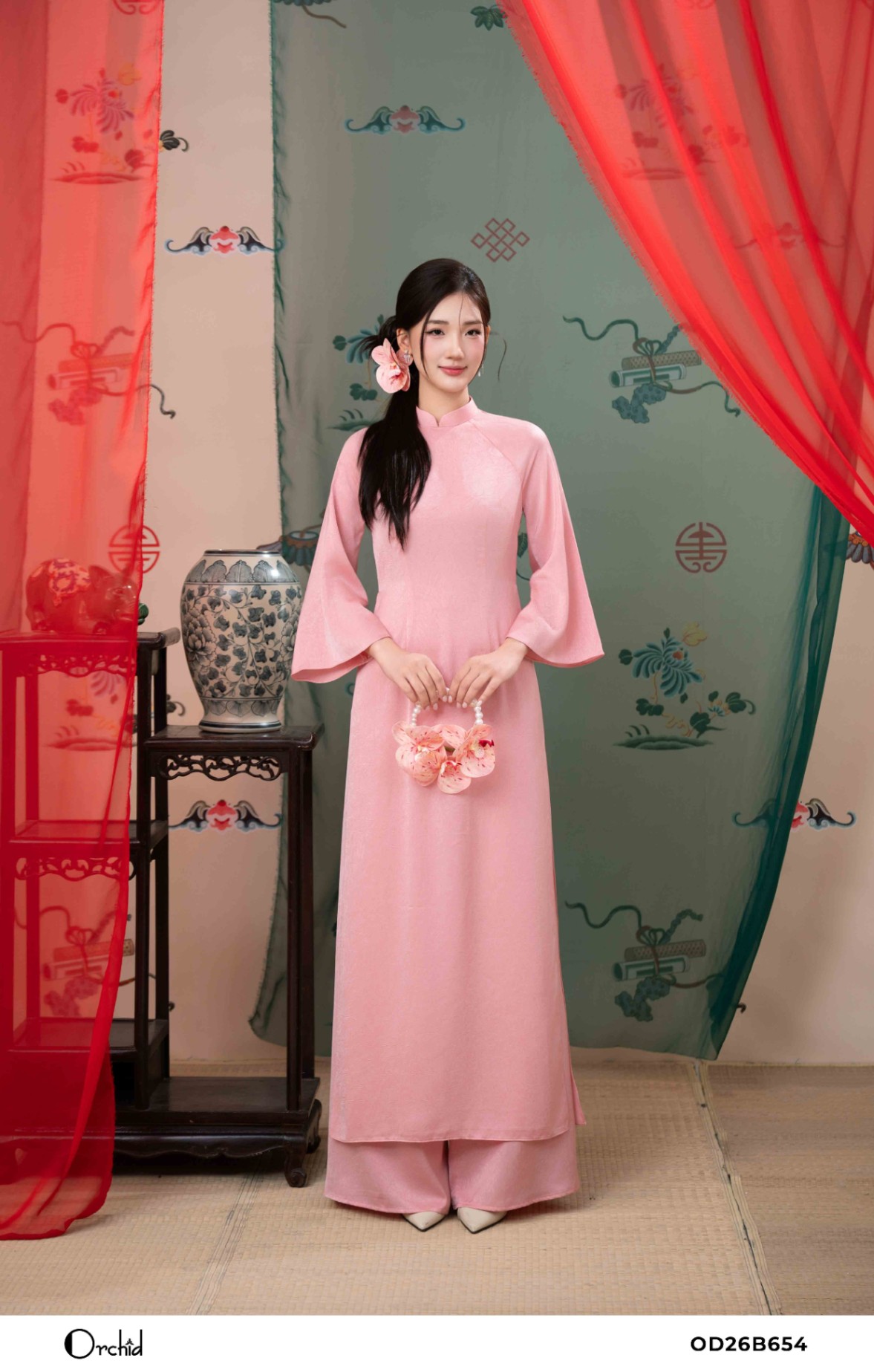 OD26B654 - Sét bộ lụa áo dài dập vân