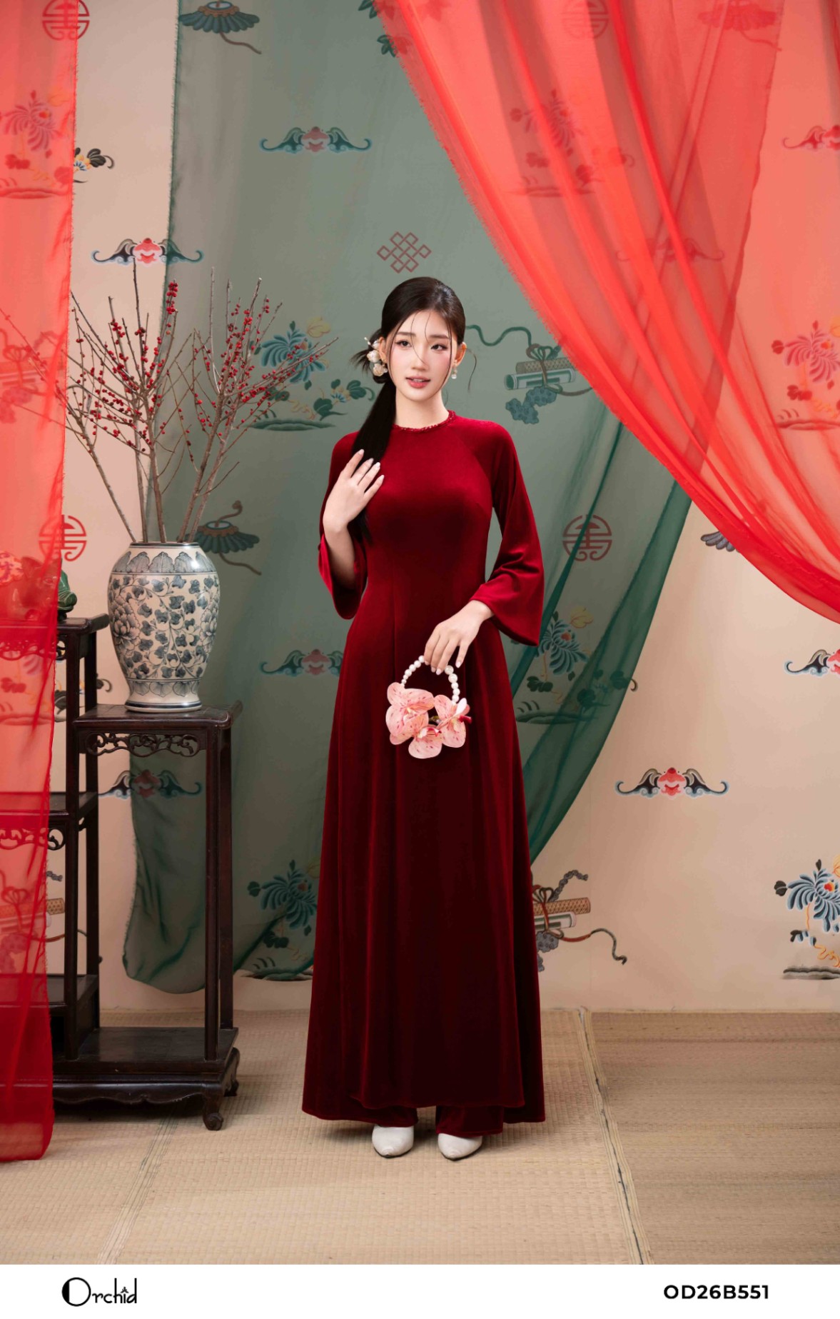 OD26B551 - Sét bộ áo dài nhung the