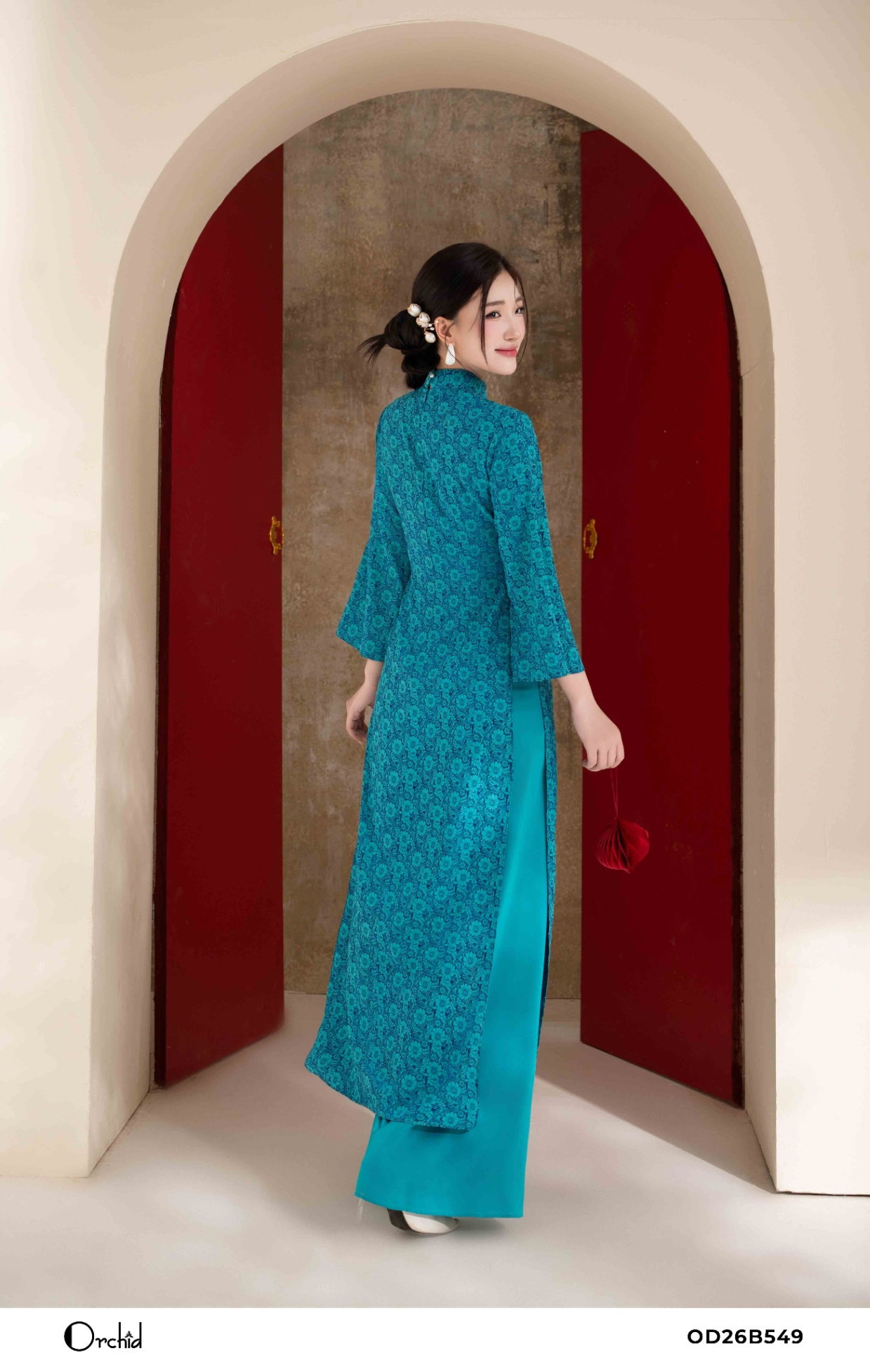 OD26B549 - Sét bộ áo dài lụa gấm hoa cúc