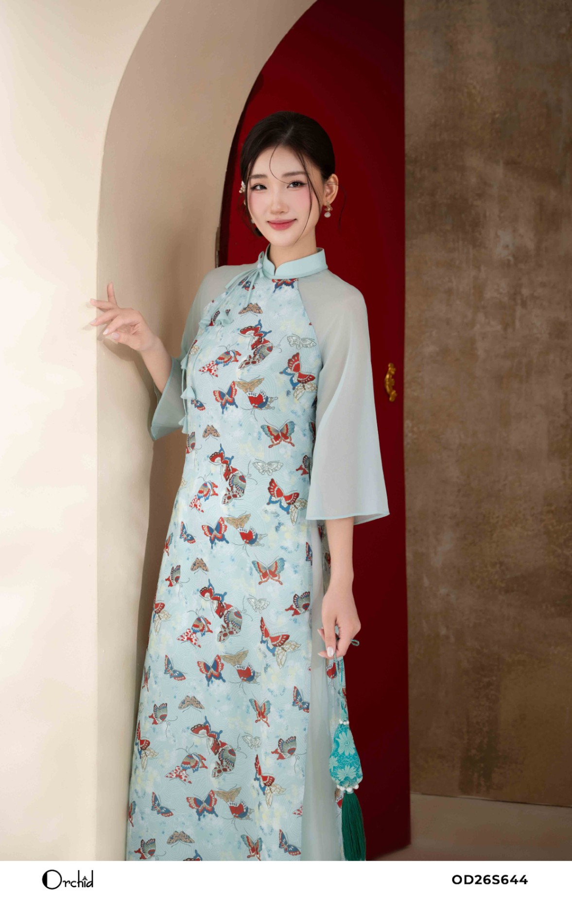 OD26S644 - Sét bộ áo dài tơ in họa tiết