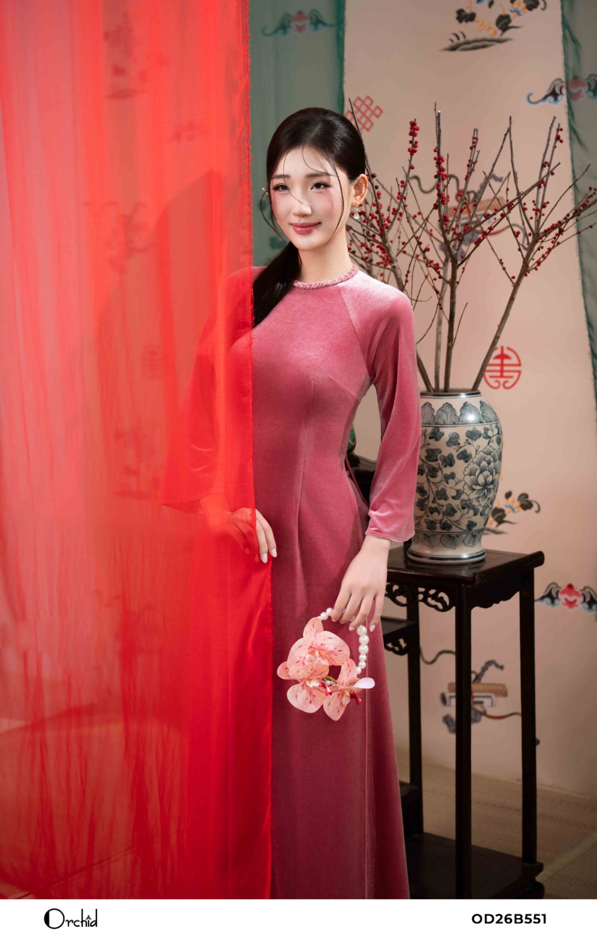 OD26B551 - Sét bộ áo dài nhung the