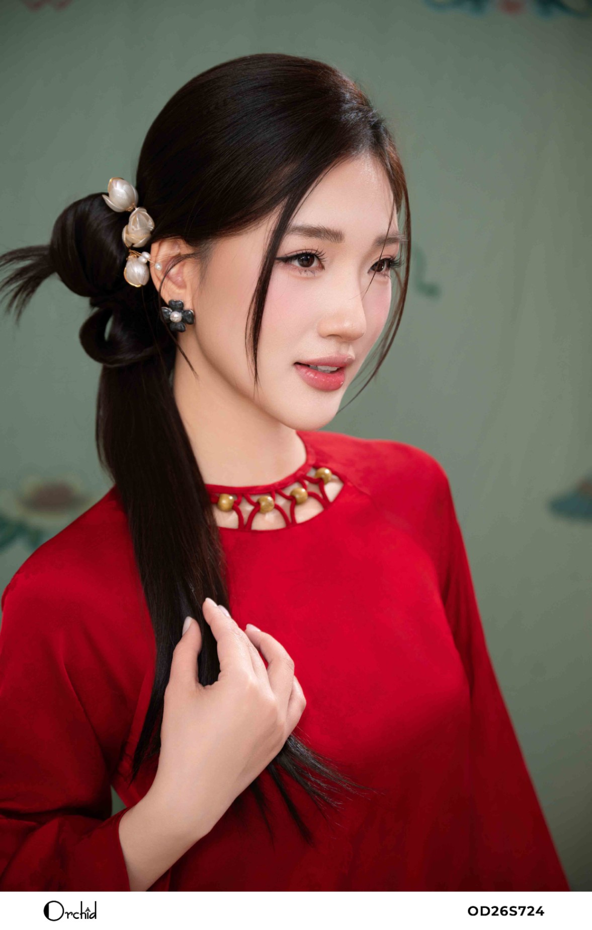 OD26S724 - Sét bộ áo dài lụa gấm vân họa tiết
