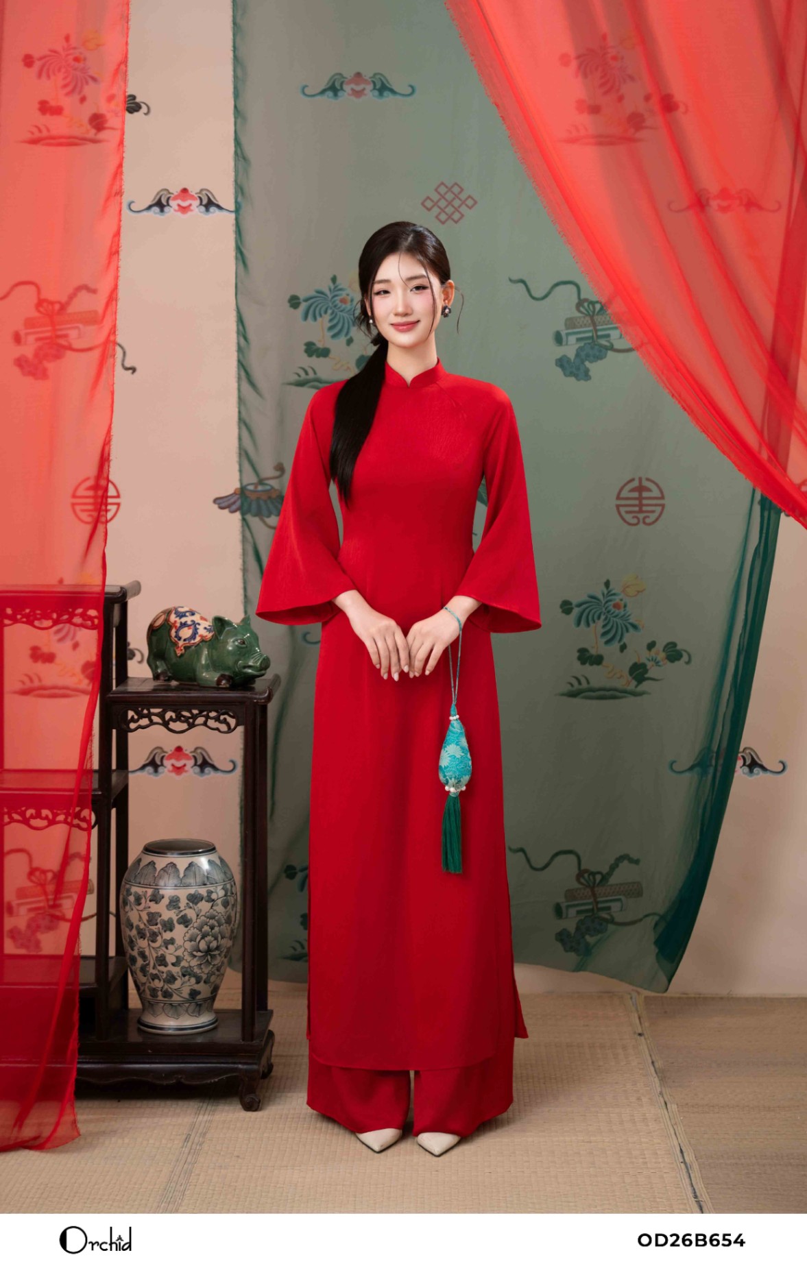 OD26B654 - Sét bộ lụa áo dài dập vân