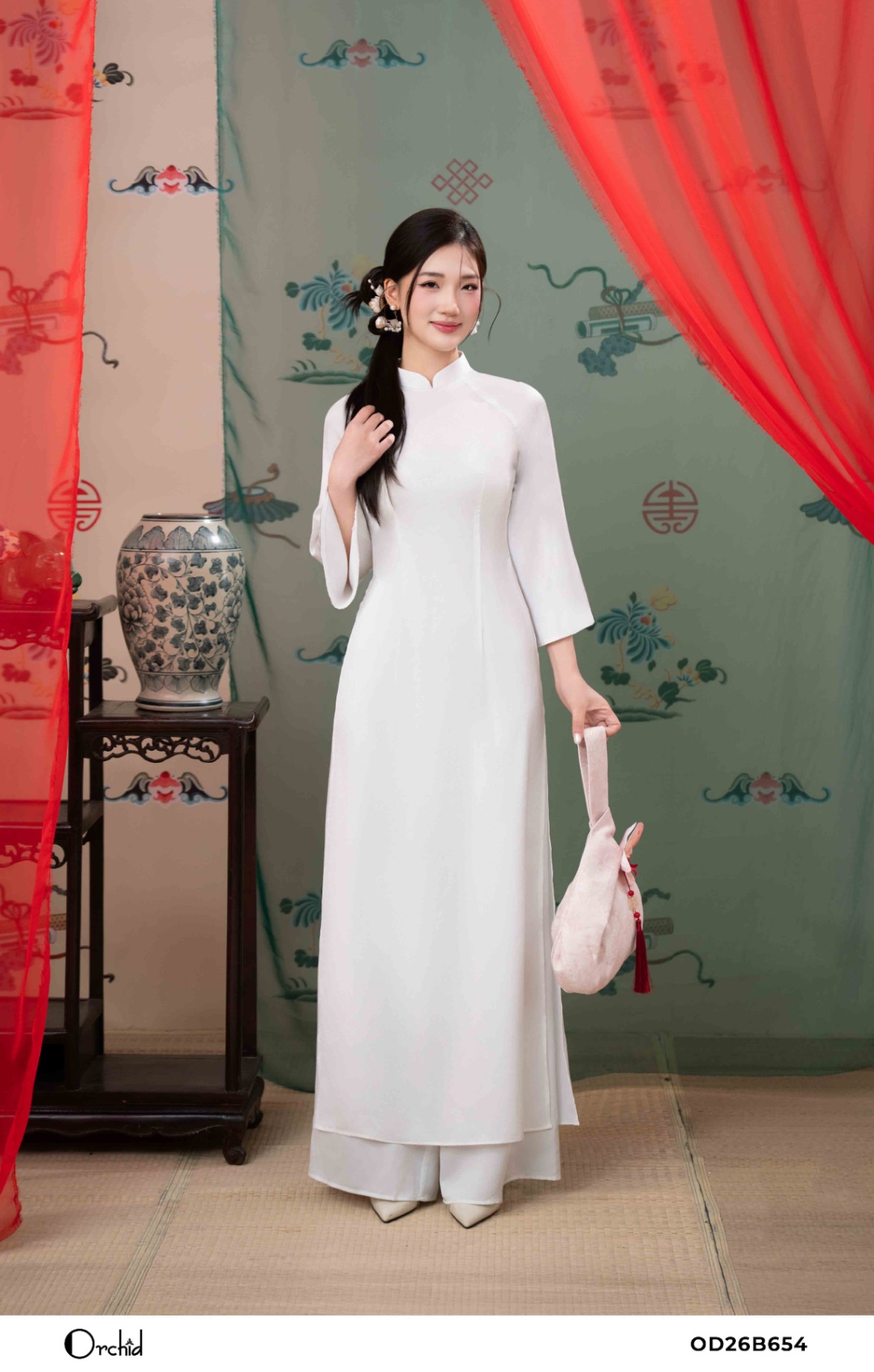 OD26B654 - Sét bộ lụa áo dài dập vân