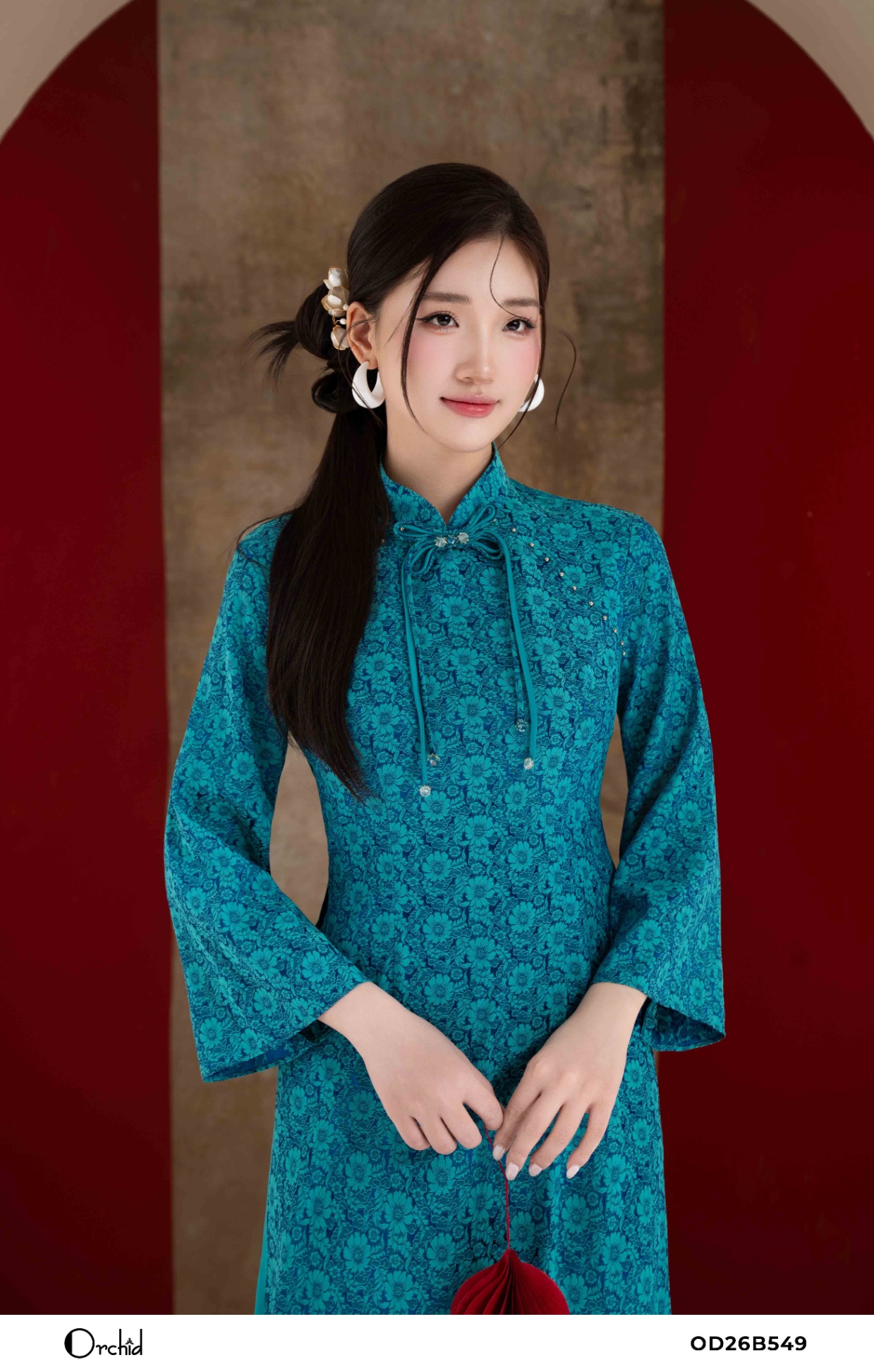 OD26B549 - Sét bộ áo dài lụa gấm hoa cúc