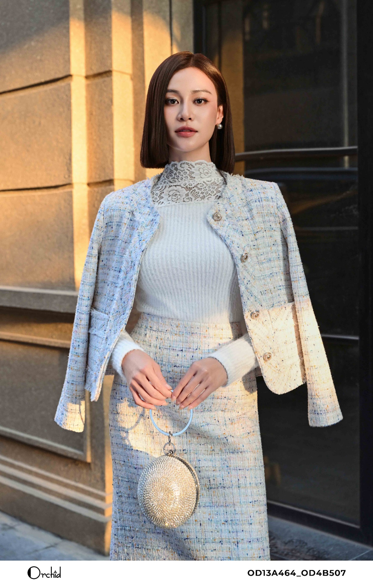 OD13A464 - Bộ dạ tweed kẻ kim tuyến